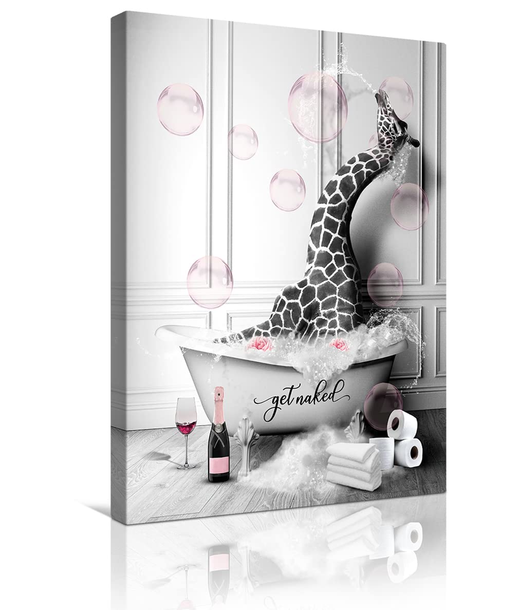 Funny Giraffe in Bathtub Canvas Wall Art - 12x16 Inch Ready to Hang Bathroom Decor with Pink Bubbles & Grey Background | Perfect for Bathroom, Kids Room & Nursery Wall Decor
