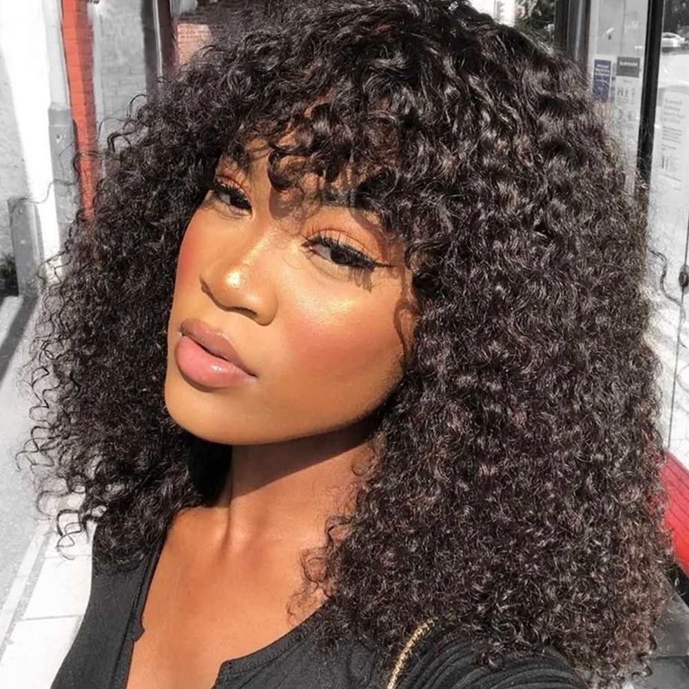 Brazilian Human Hair Wigs for Black Women - Short Curly Wigs with Bangs, 12 Inch, 200% Density, Glueless Scalp Top, Full Machine Made, Natural Color | Perfect for Daily Wear, Cosplay & Protective Styling