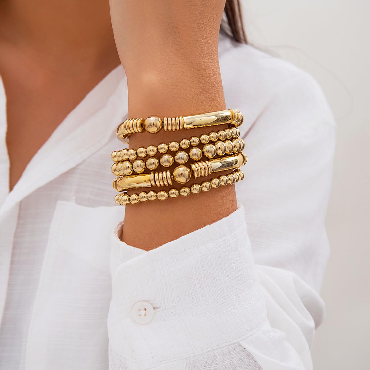 Jumwrit 5pcs Layered Beaded Bracelets Set for Women - Dainty Stretch Elastic Round Ball Beads Chain Tube Bangle Boho Stackable Bracelets - Trendy Jewelry for Girls & Teens - Perfect for Casual Wear, Parties, and Gifts