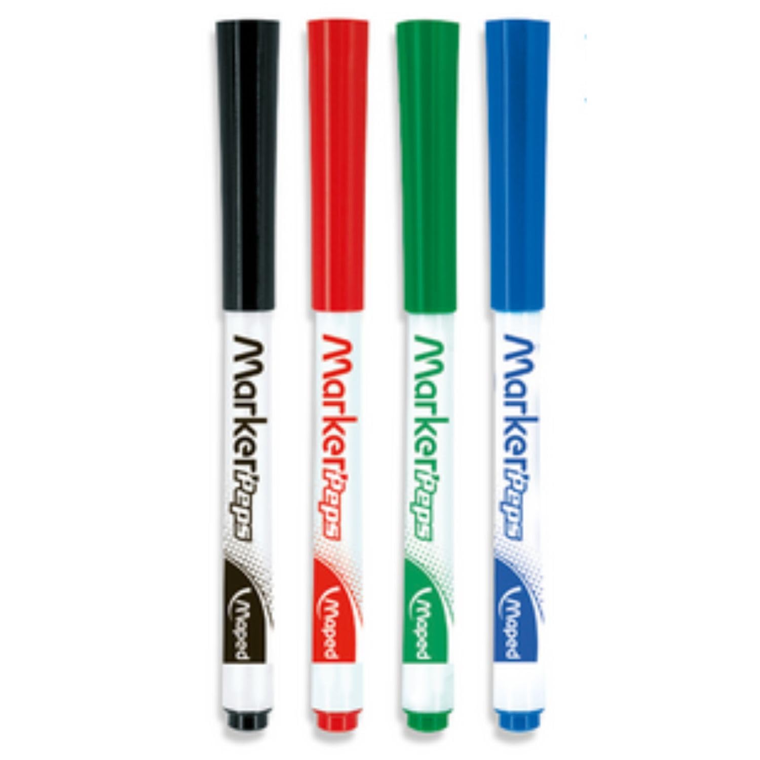 Maped Peps Dry Erase Markers 4-Pack - Black, Blue, Red, Green (741312) - Perfect for Whiteboards, Office Meetings & Classroom Teaching