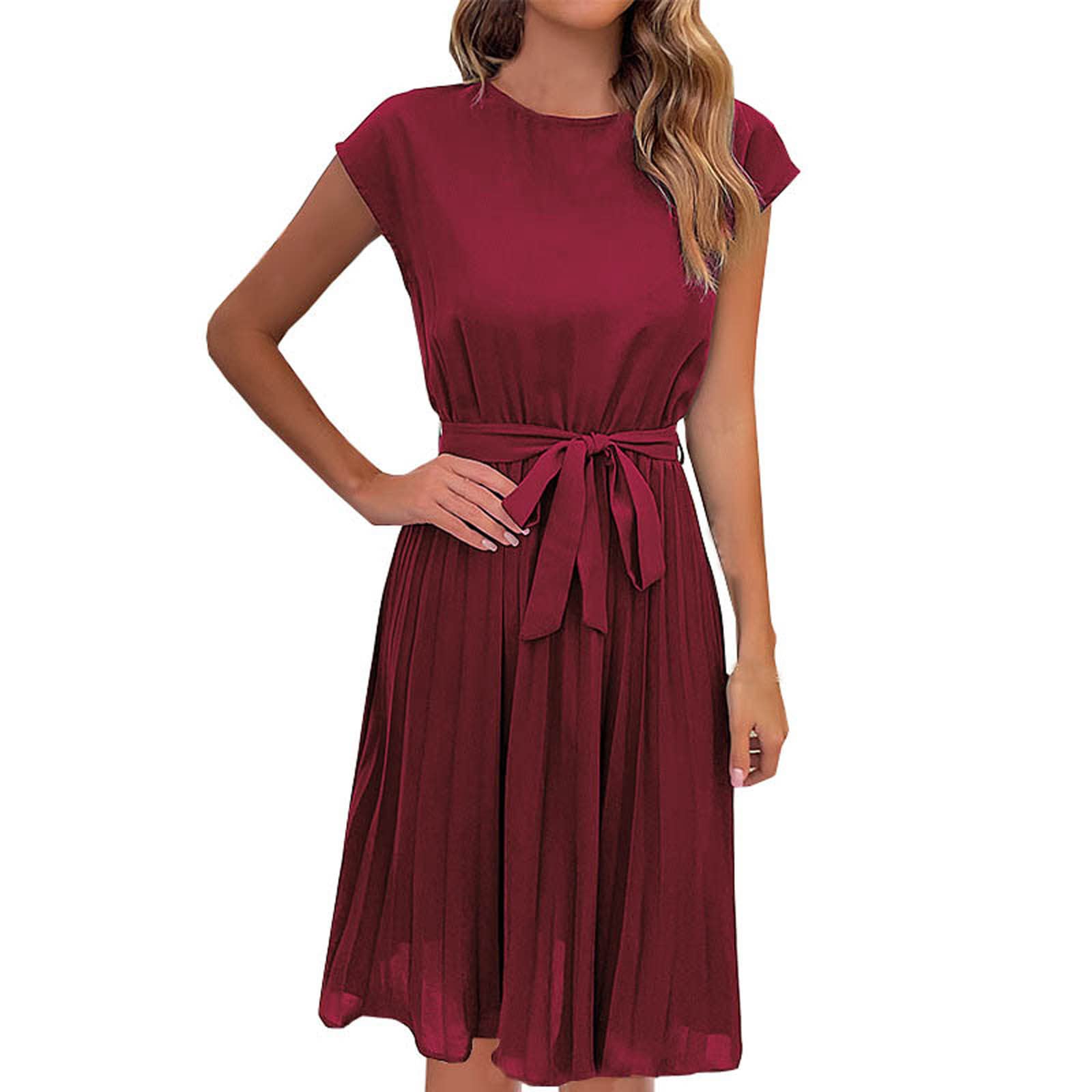 JMLPxx Women's Pleated Cocktail Dress - Elegant Solid Color Short Sleeve Round Neck Party Dress for Wedding Guest, Date Night & Special Occasions