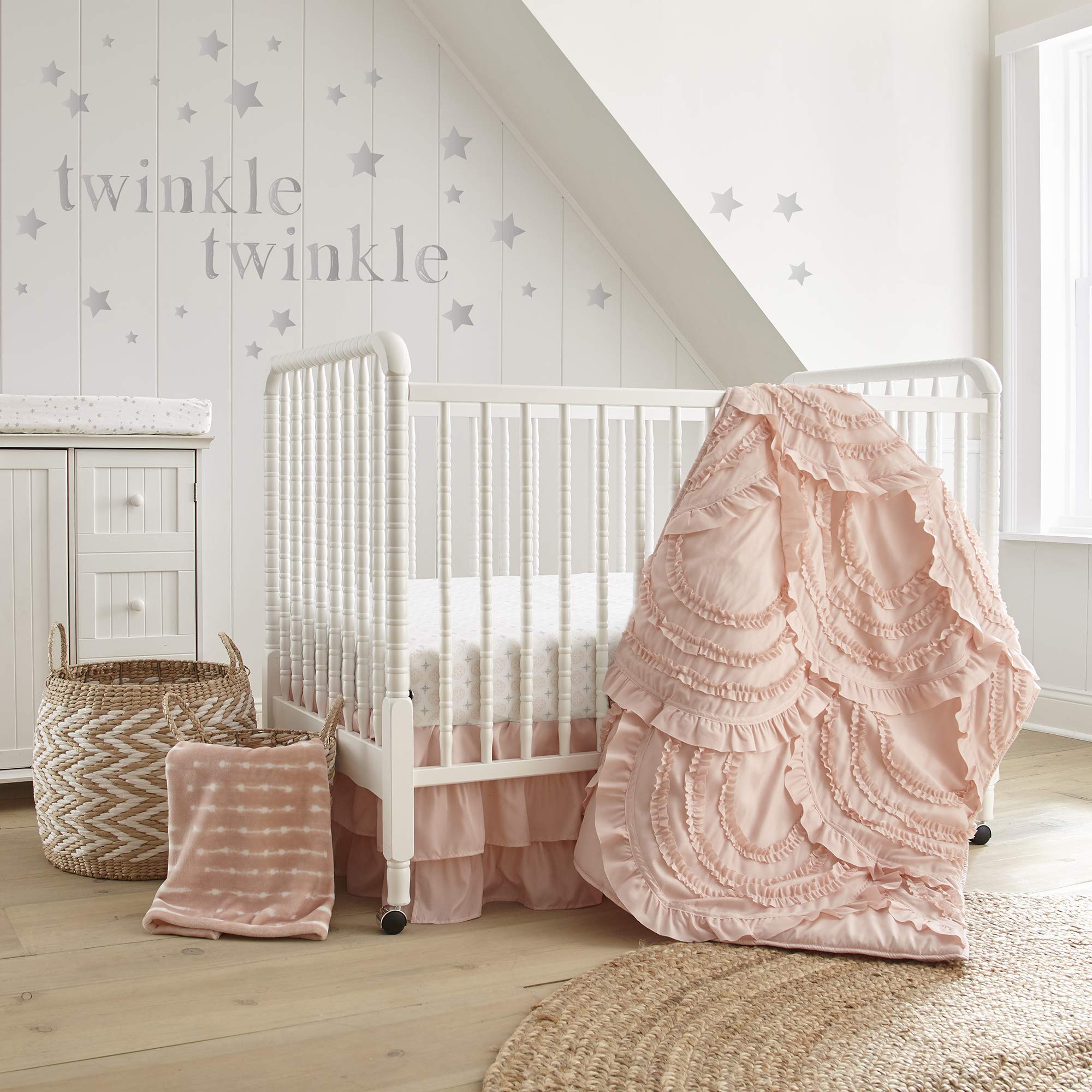 Levtex Baby Skylar 4-Piece Crib Bedding Set - Soft Blush Pink Nursery Set with Quilt, Fitted Sheet, Dust Ruffle & Wall Decal - Elegant Cascading Ruffles Design for Baby Girl's Room Decor & Newborn Gift