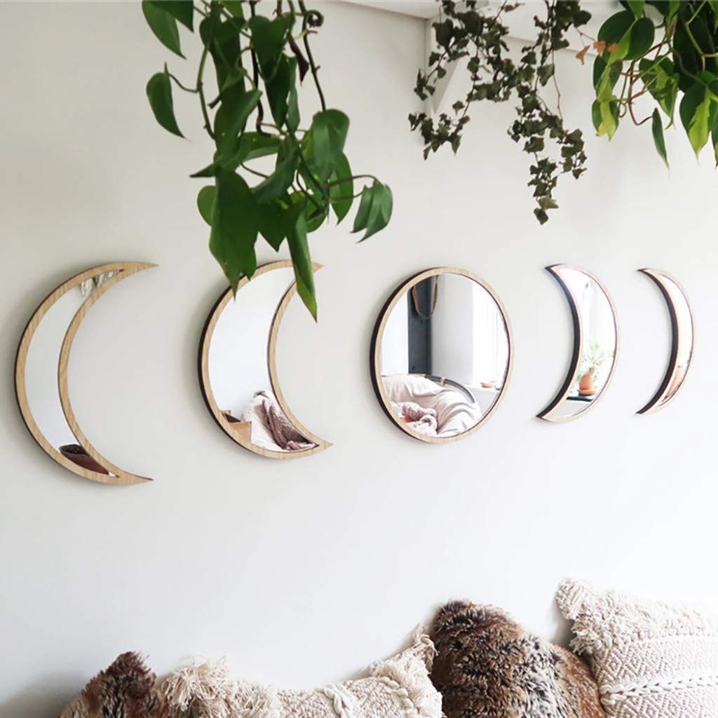 5PCS Removable Acrylic Mirror Set - Nordic Style Wooden Moon Phase Wall Mirror for Home Decor, Self-Adhesive No Drill Hanging, Perfect for Living Room, Bedroom & Office (Light White) - Create Elegant Boho Vibes & Enhance Small Spaces