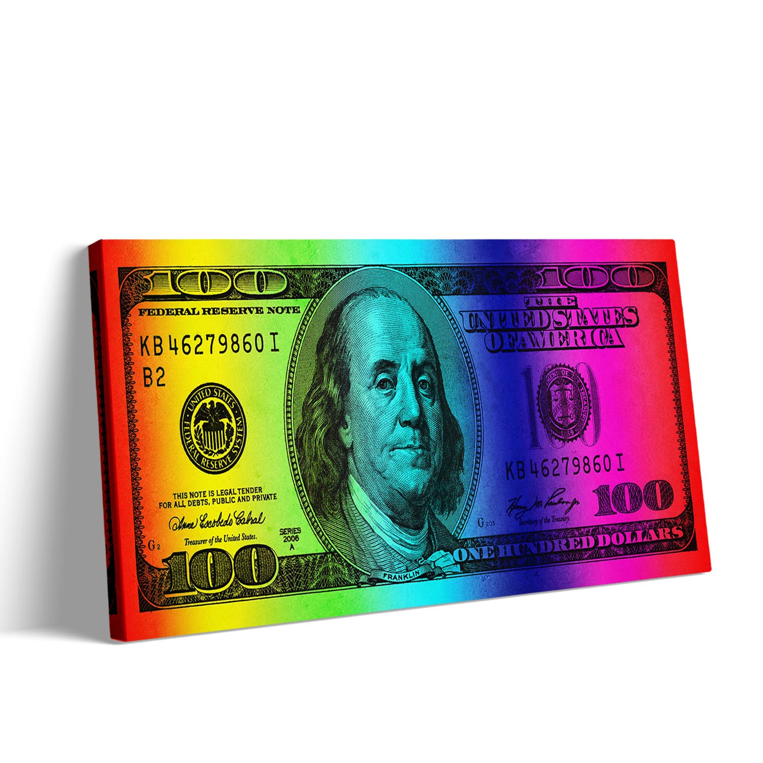 GUBIYU 100 Dollar Bill Wall Art - Rainbow Framed Canvas Print (24