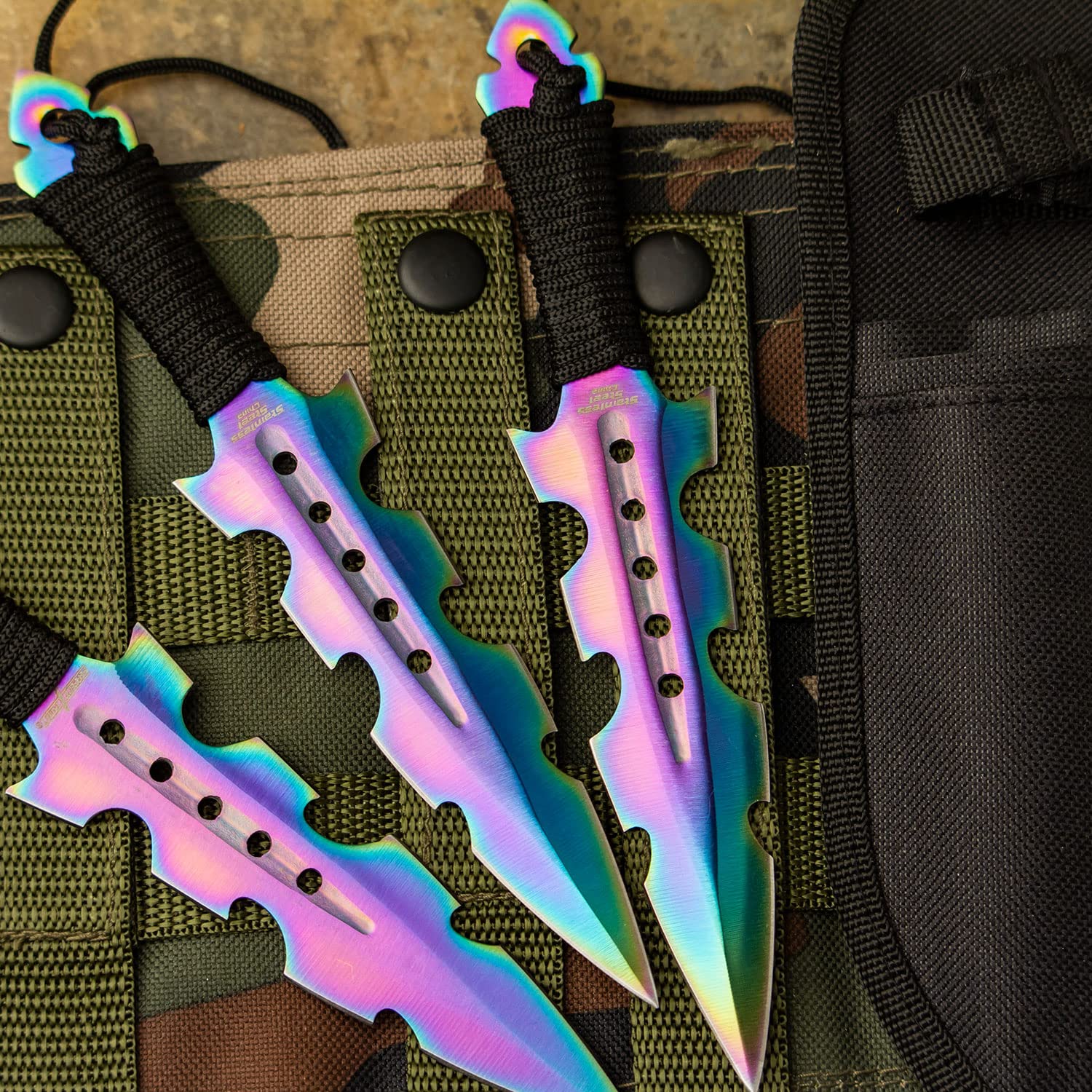 Premium Throwing Knife Set of 3 - Rainbow TiNite Coated Stainless Steel Blades with Black Paracord Handles - Well Balanced for Target Practice & Outdoor Survival - Includes Nylon Sheath - Perfect for Knife Throwing Sports, Camping & Bushcraft Activities