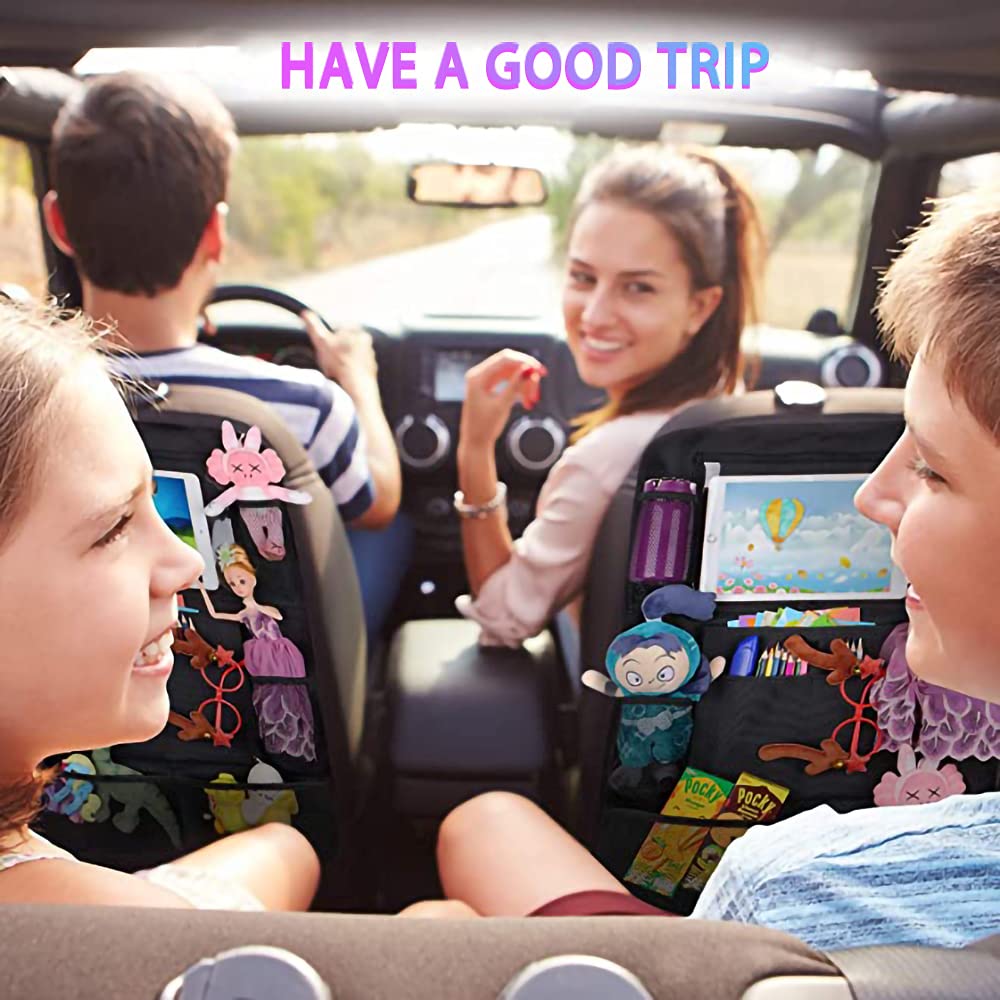 Car Backseat Organizer with 10-Inch Tablet Holder - 10-Pocket Kick Mats for Road Trips, Kids Snacks & Toys (2-Pack) | Perfect for Family Travel, Toddler Entertainment & Vehicle Organization