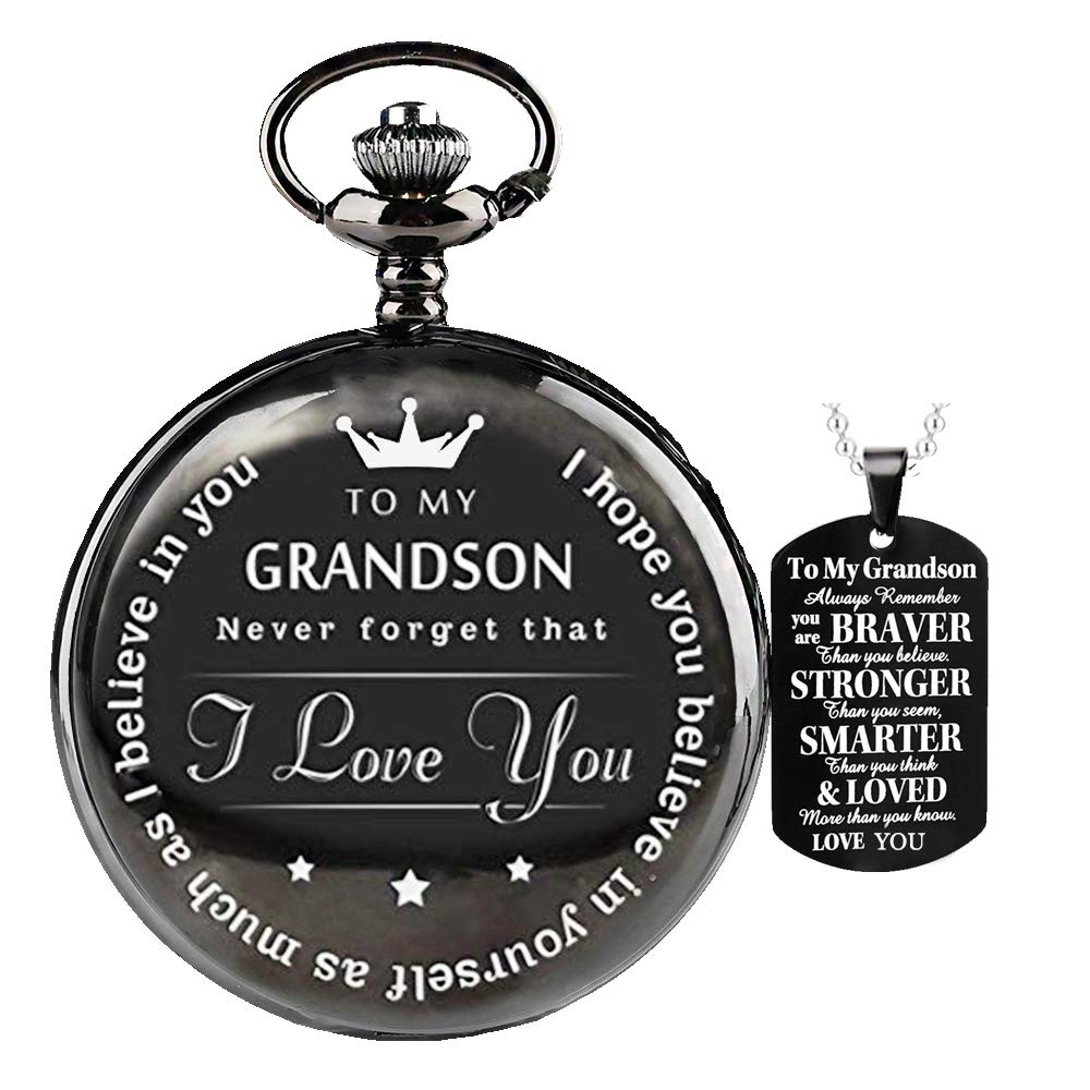 Udaney Engraved Pocket Watch Gift for Grandson - Personalized Christmas, Birthday & Graduation Gifts for Men from Grandpa & Grandma | Vintage Style Timepiece for Formal Occasions & Special Memories