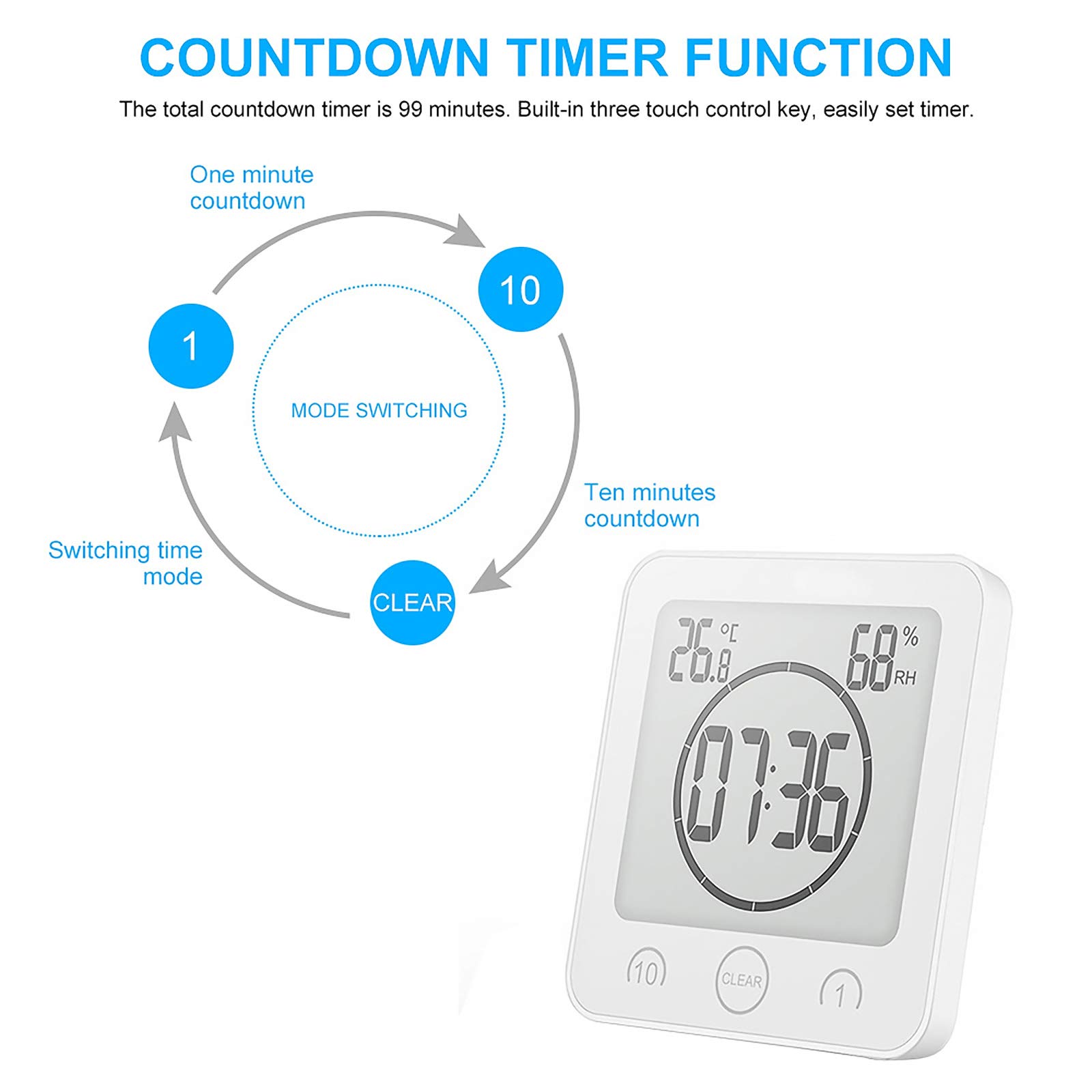 Blingbin Digital Alarm Clock with Temperature & Humidity Sensor, Waterproof, Timer - Perfect for Bathroom, Kitchen, Bedroom, Office