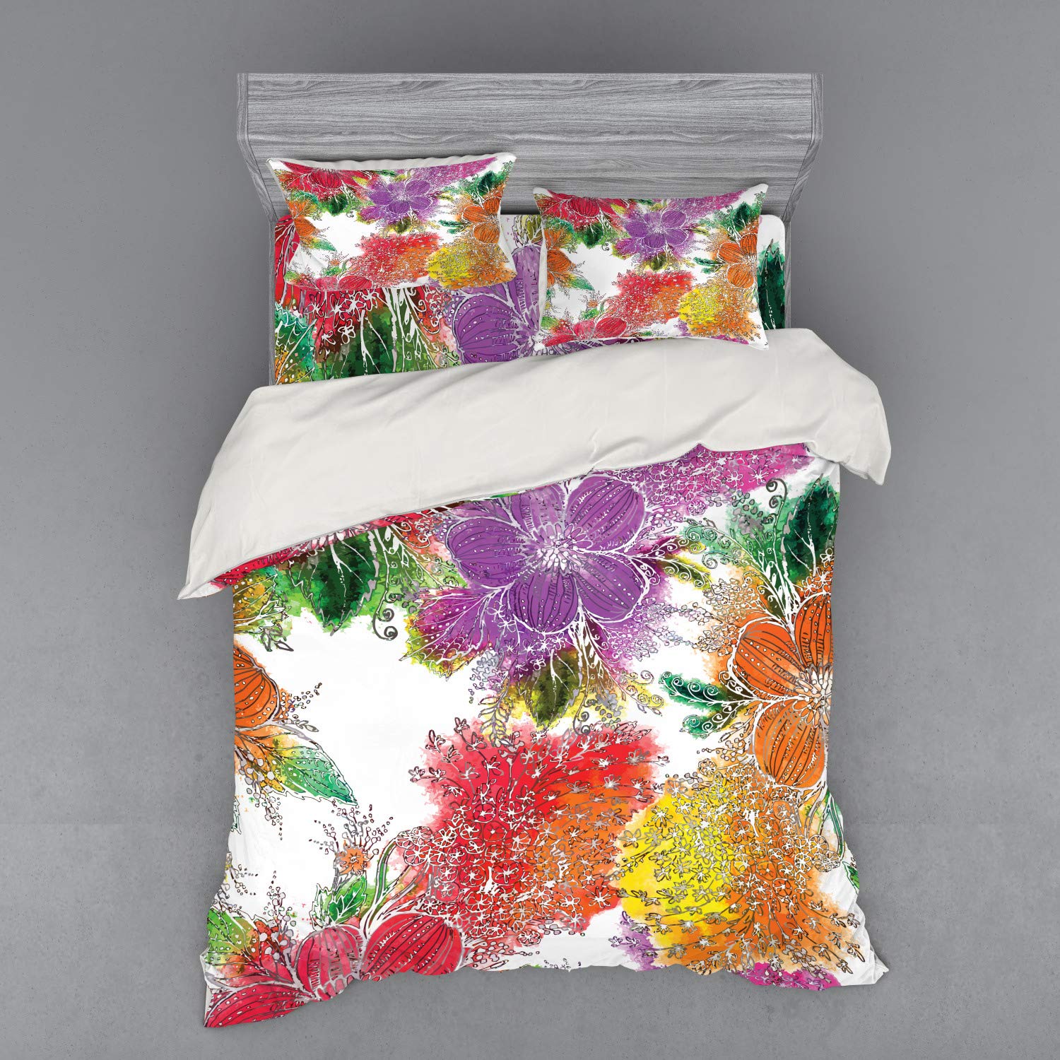 Ambesonne Floral Duvet Cover Set - Queen Size 4-Piece Bedding with Watercolor Abstract Flowers, Includes Shams & Fitted Sheet - Vibrant Multicolor Design for Modern Bedroom Decor