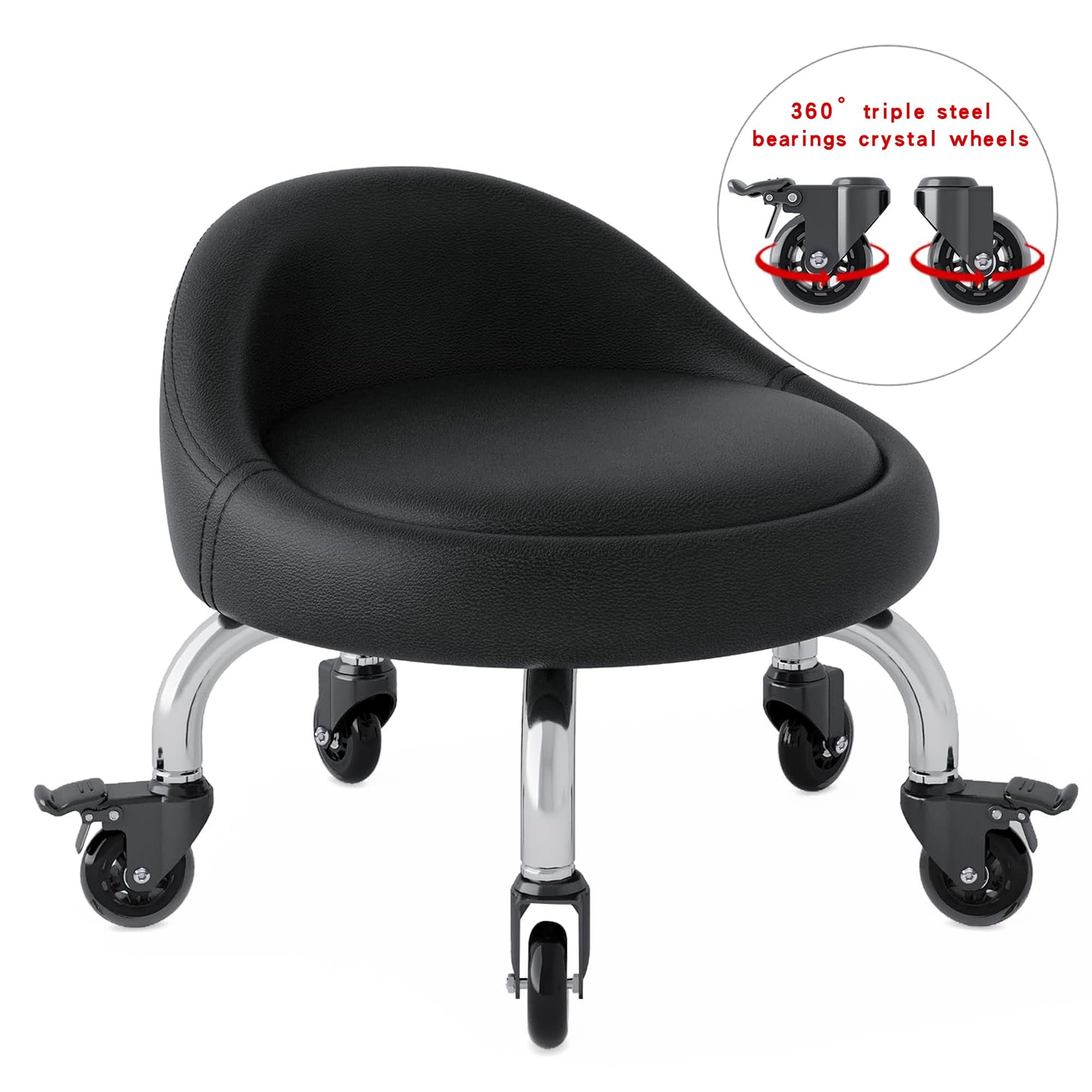 Low Height Rolling Stool with Wheels - PU Leather Adjustable Stool with Backrest & Crystal Universal Casters for Home, Office, Salon | Perfect for Cleaning, Garage Work, Outdoor Picnics & Workspaces (Black)