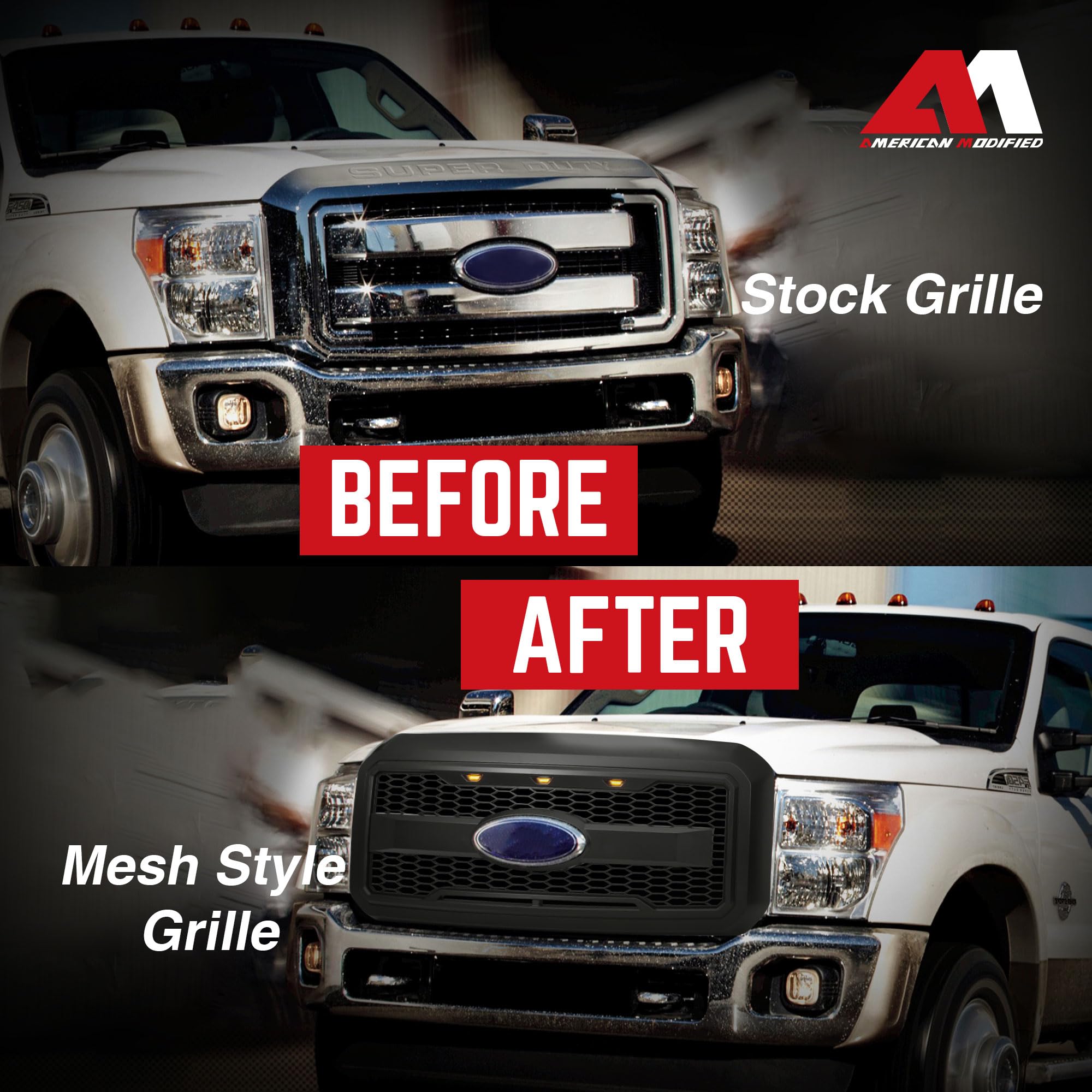 2011-2016 Ford F250 F350 F450 F550 Matte Black Raptor Style Grille with Amber LED Lights | Heavy Duty Truck Front Grille Replacement | Off-Road & Street Legal Upgrade