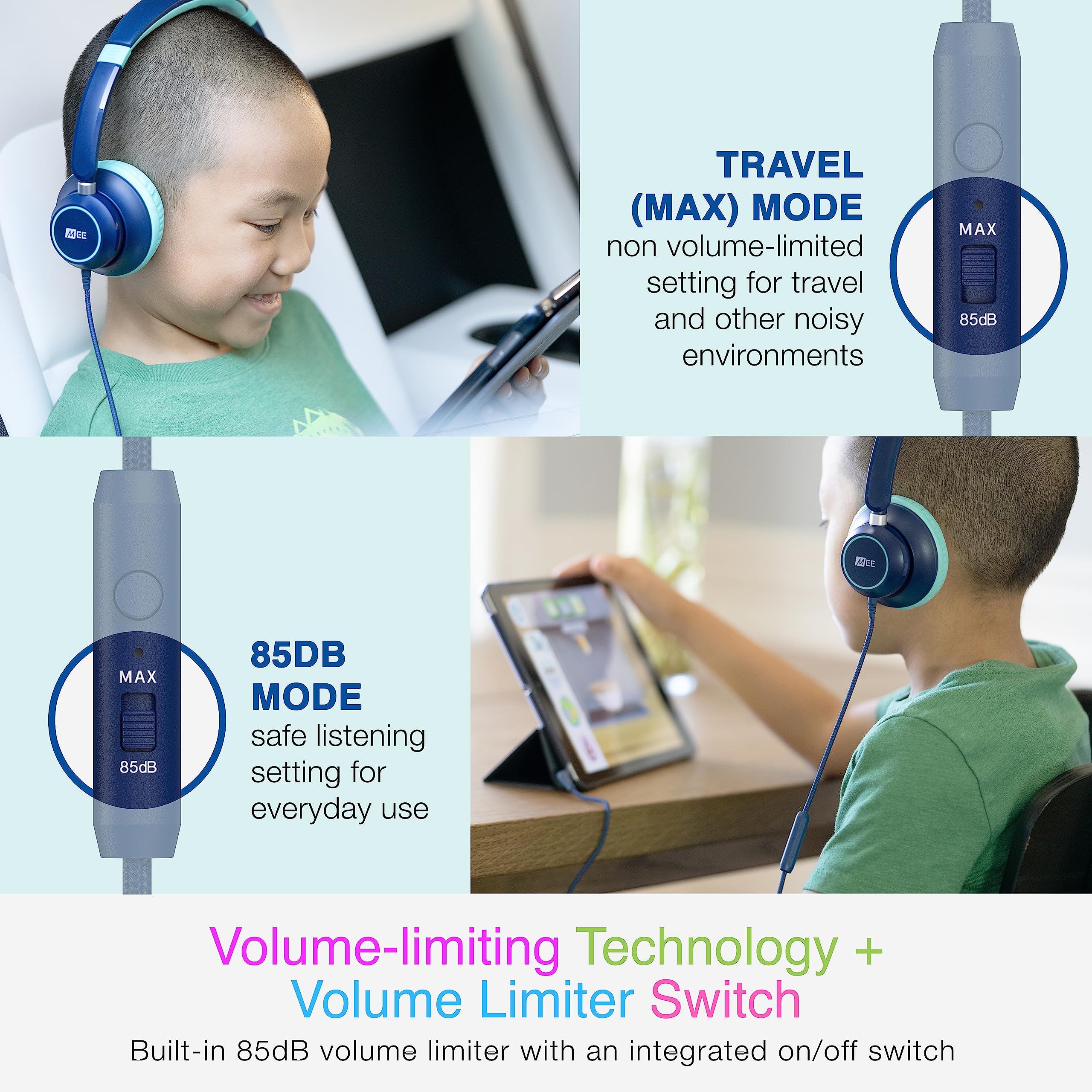 MEE audio KidJamz KJ45 Kids Headphones with Volume Limiter & Mic - Safe On-Ear Adjustable Headset for Children, 3.5mm Wired (Blue/Teal) - Perfect for Online Classes, Homeschooling, Travel & Tablet Use
