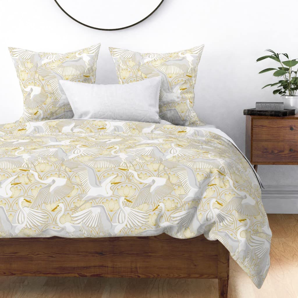 Premium Cotton Sateen Duvet Cover King/California King - Art Deco Crane Heron Egret Gold Gray White Yellow Animal Watercolor Print Custom Bedding Set | Luxury Hotel-Style Home Decor for Master Bedroom & Guest Room