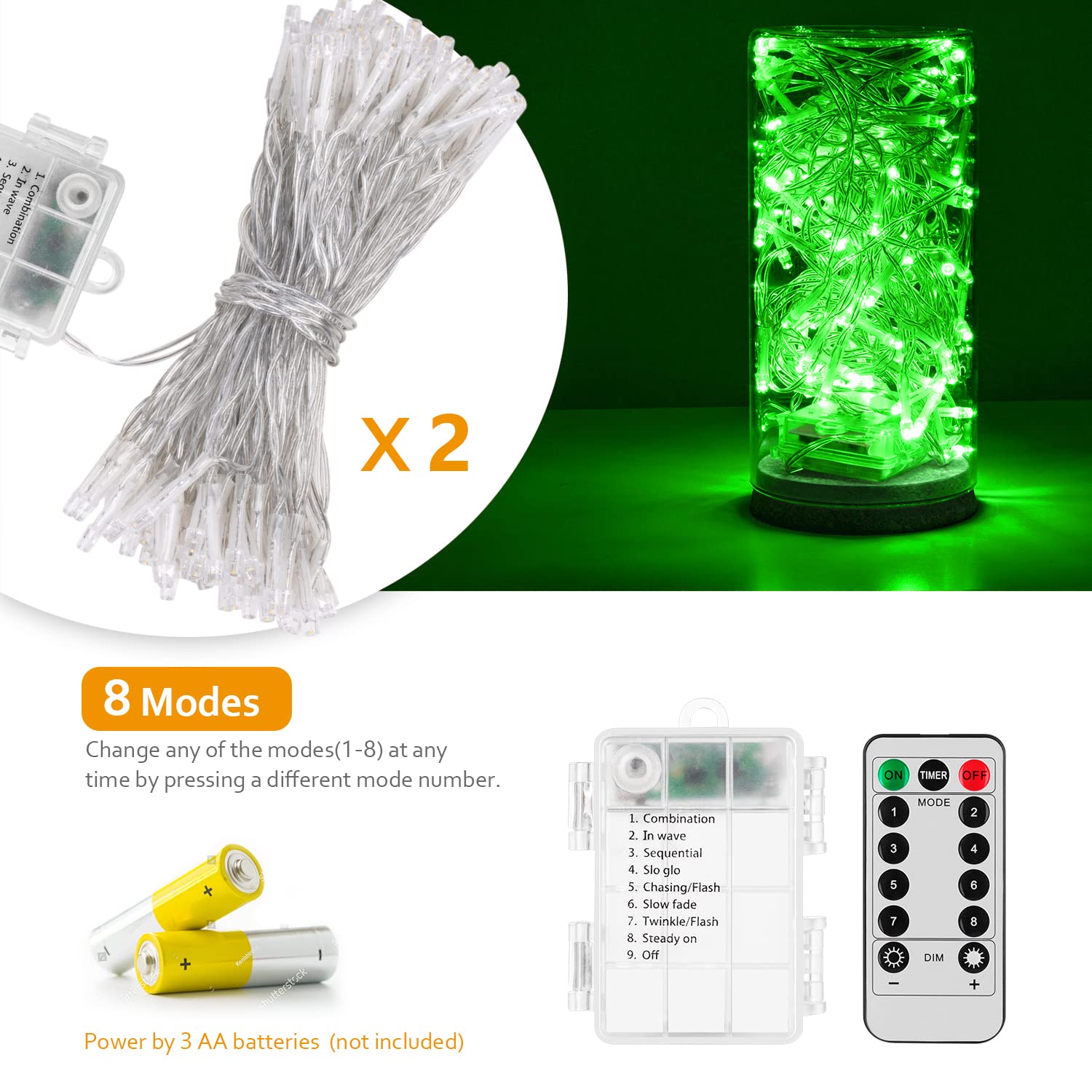 2 Pack Battery Operated LED String Lights with Remote & Timer - 16.4ft Waterproof Fairy Lights with 8 Lighting Modes for Bedroom, Garden, Party, Christmas Tree - Indoor & Outdoor Decoration (Green) | Perfect for Wedding, Patio, Backyard, Holiday & Home Decor