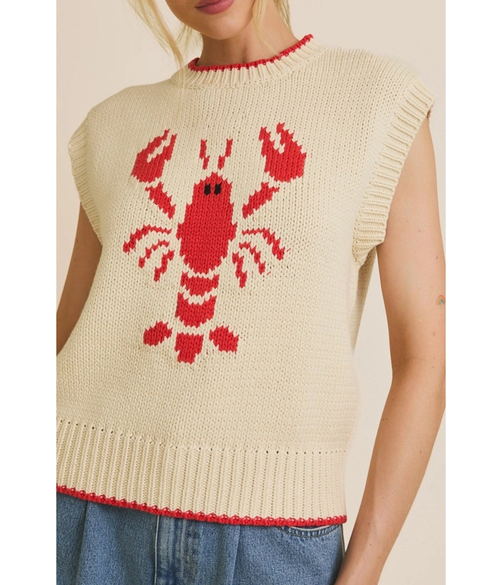 Cream & Red Lobster High Neck Sleeveless Sweater for Women - Trendy Winter Pullover for Casual Outfits & Date Nights