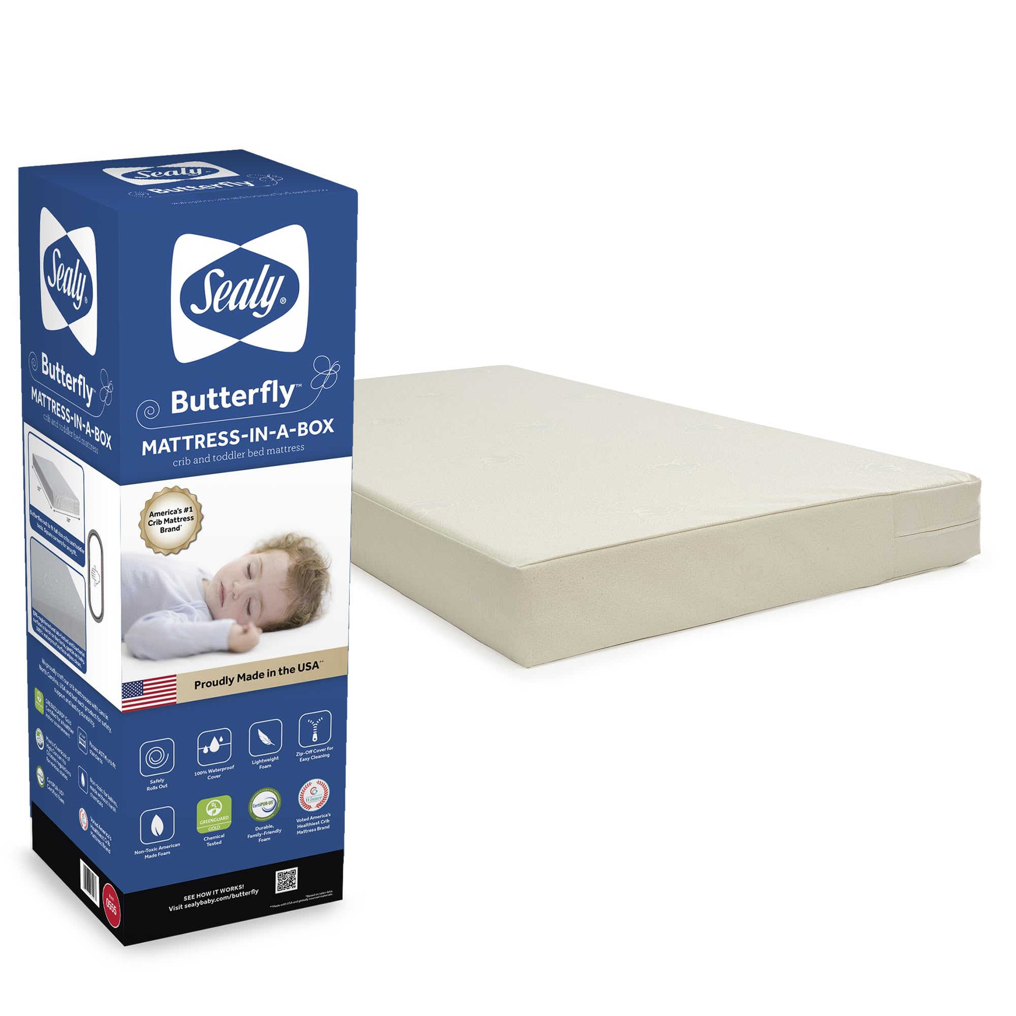 Sealy Baby Butterfly Breathable Waterproof Crib Mattress & Toddler Bed Fit - Premium Foam, Washable Cover, GREENGUARD Gold Certified - Safe & Quality Tested, Made in USA (52