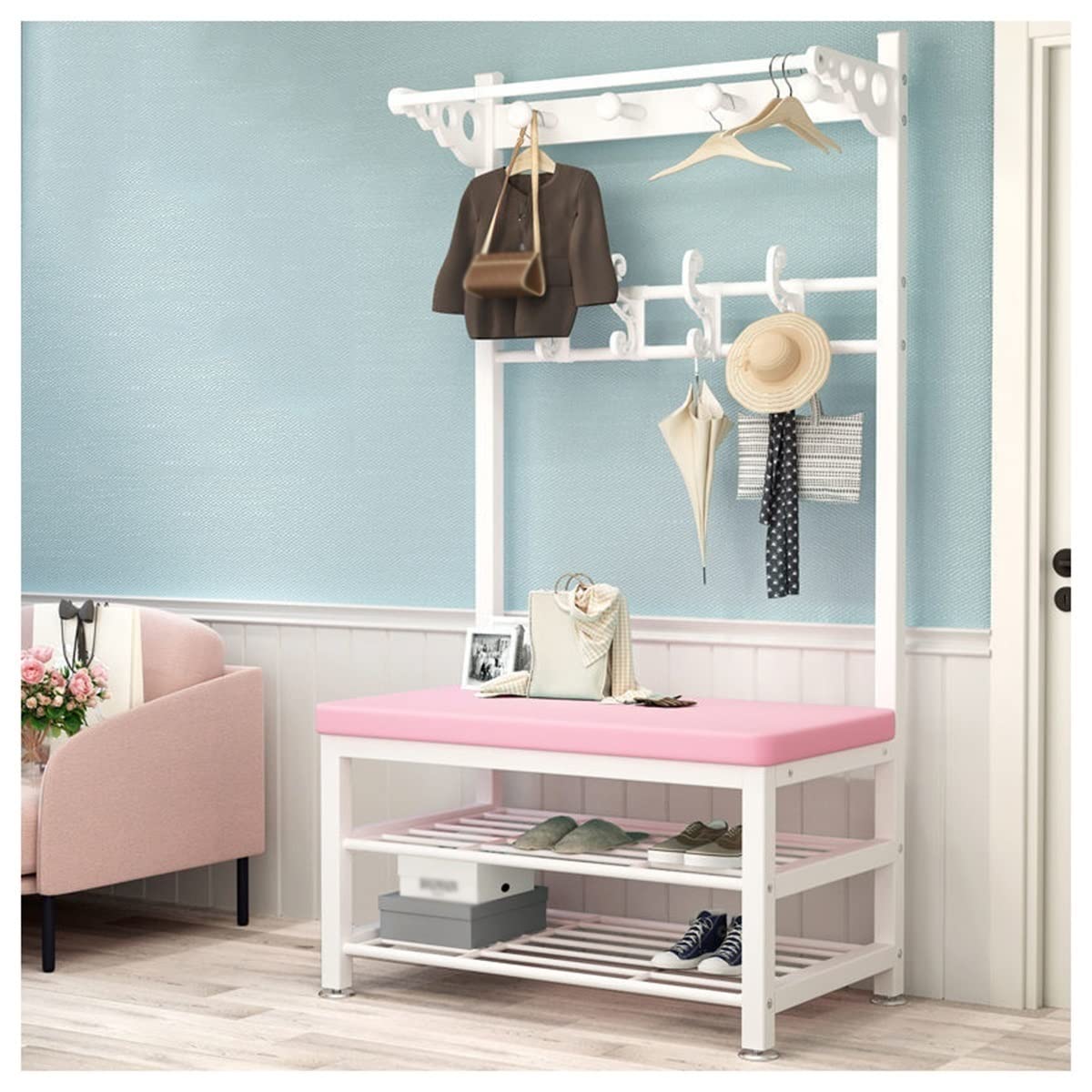 3-in-1 Entryway Coat Rack with Shoe Bench & Seat Cushion - Hall Tree Storage Organizer with Hooks & Hanging Rod for Mudroom, Hallway, Foyer - Easy Assembly (Pink, 60x33x172cm) - Perfect for Small Spaces & Home Organization