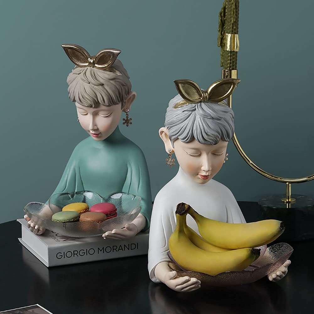Nordic Style Resin Fruit & Candy Tray - Creative Storage Plate with Girl Sculpture, Modern Metal Key & Coin Holder for Living Room, Entryway, Desk Decor - Green, 17x23x27cm - Perfect for Home Decor, Party Serving & Organizing Small Items