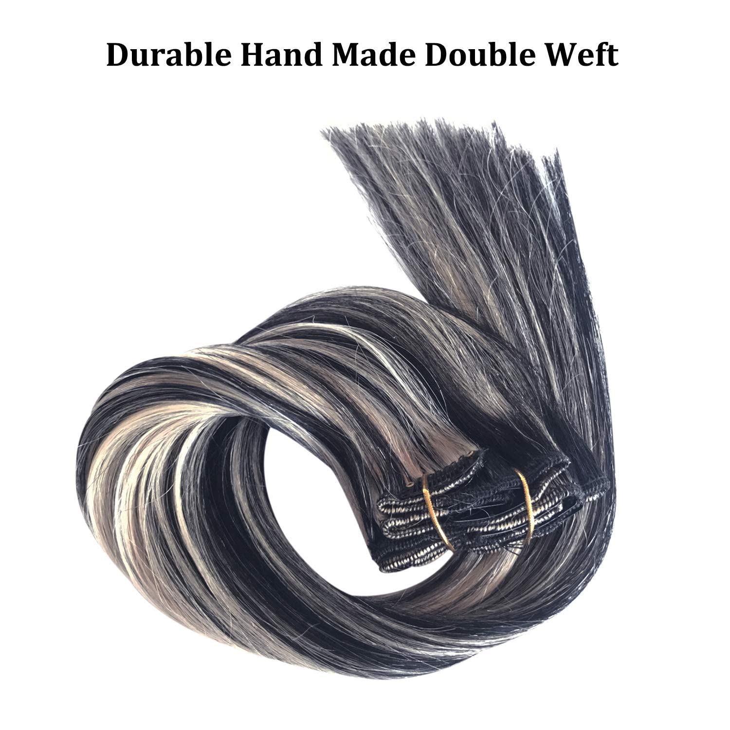 Natural Black 24 Inch Blonde Highlight Curly/Wavy Hair Extensions for Women - Full Head 5 Clip-in Human Hair Wigs for Daily Styling & Special Occasions