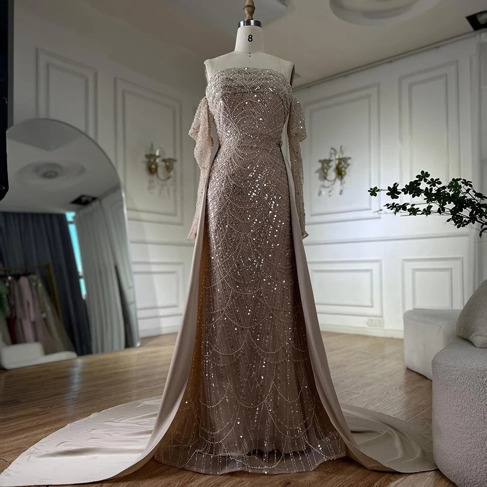Luxury Dubai Arabic Pearl Beaded Mermaid Evening Gown with Detachable Overskirt - Formal Wedding Dress for Brides, Prom, Gala & Special Occasions