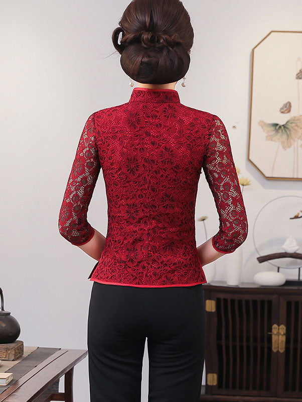 Elegant Red & Green Lace Qipao Cheongsam Blouse Top - Vintage Chinese Dress for Women, Perfect for Weddings, Parties & Cultural Events