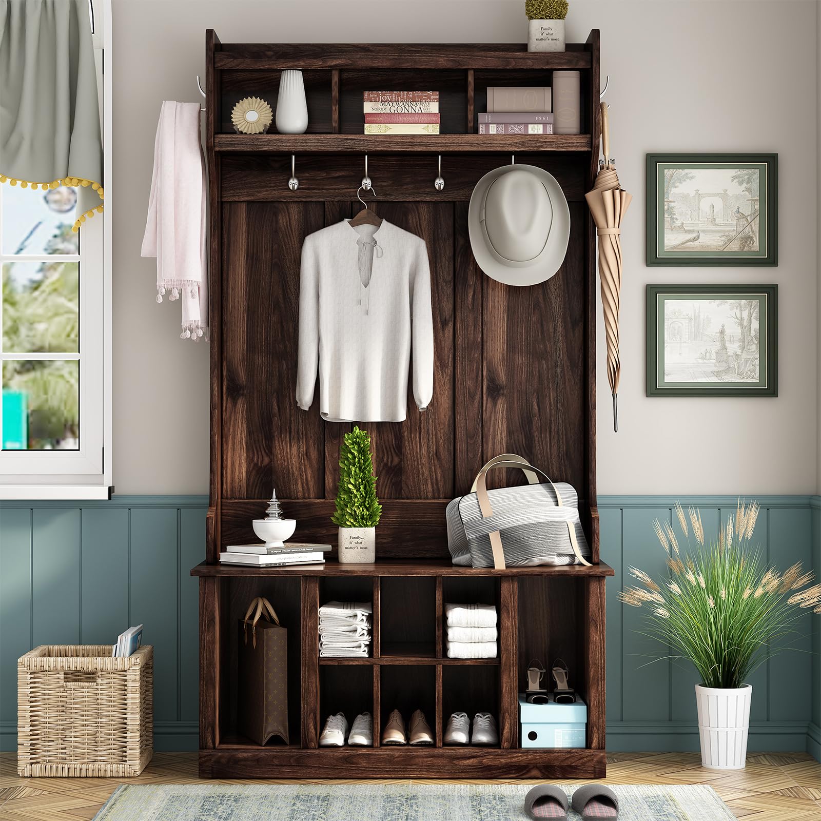 Hall Tree with Storage Bench & Coat Rack - 6 Hooks & Adjustable Shelf, Entryway Shoe Organizer for Hallway, Foyer, Porch - Perfect for Small Spaces & Home Organization (Brown)