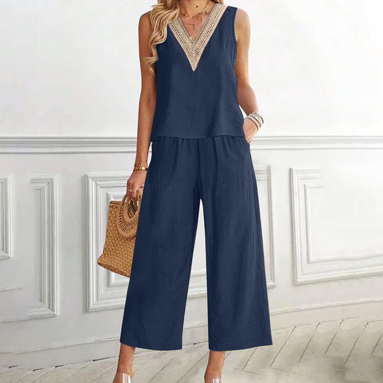 Women's 2 Piece Lounge Set - Sleeveless V Neck Cotton Linen Tank Top & Wide Leg Pants Matching Outfit | Soft Summer Casual Wear for Home, Travel & Yoga