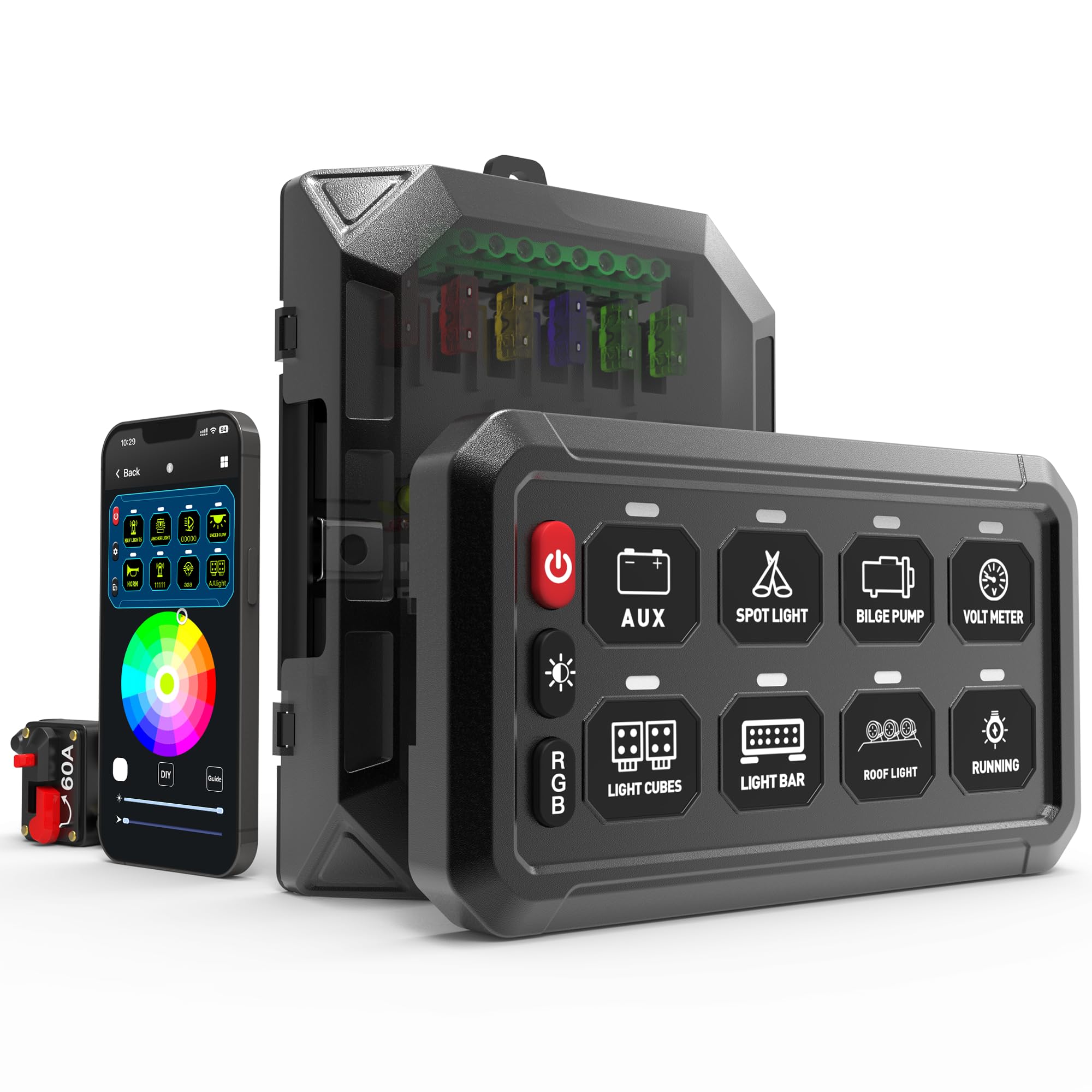 RGB 8 Gang Switch Panel - Waterproof Marine & Offroad Light Control Box with Wireless App for 12V/24V Vehicles (Car, Truck, Jeep, SUV, Boat) | Perfect for Off-Roading, Marine Lighting & Vehicle Customization | Ideal for Night Driving, Camping, Boat Parties & Outdoor Adventures