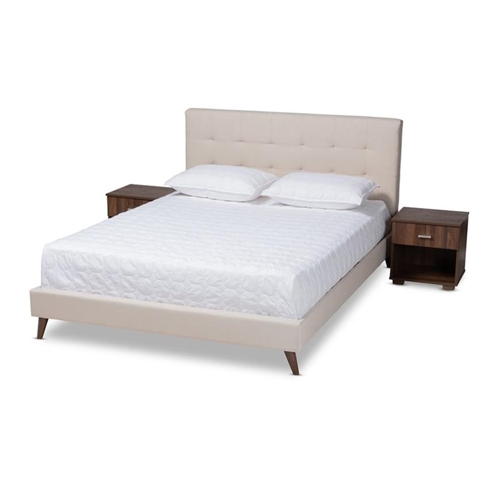 BOWERY HILL Queen Size Beige Platform Bed Frame with 2 Nightstands - Modern Minimalist Bedroom Furniture Set for Small Spaces & Guest Rooms