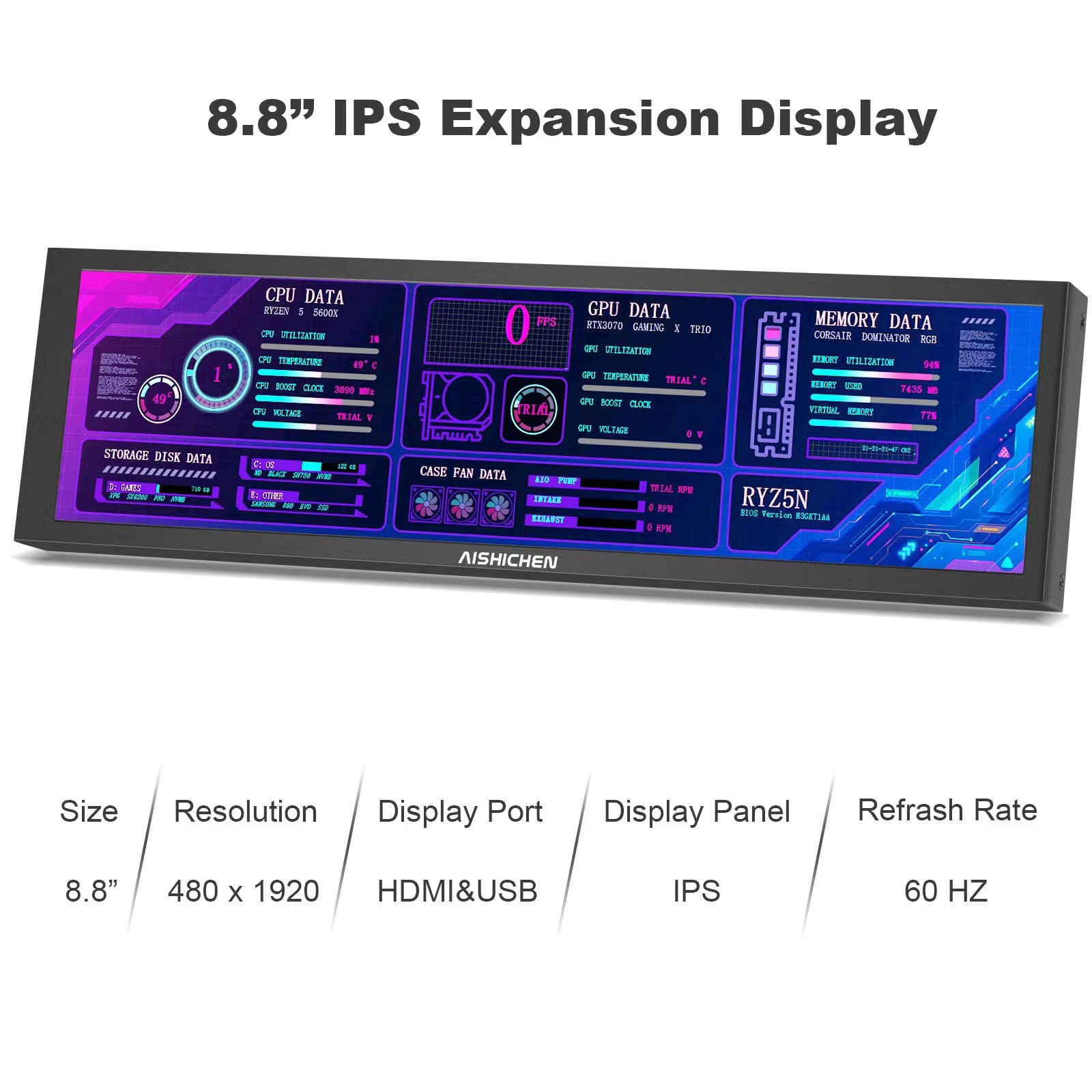 8.8 Inch IPS USB Mini Screen - PC Temperature Display & Sensor Panel Monitor with AIDA64 Support for CPU, RAM, GPU Data - ARGB Computer Case Secondary Screen for Gaming PC, Workstation & Home Office Setup