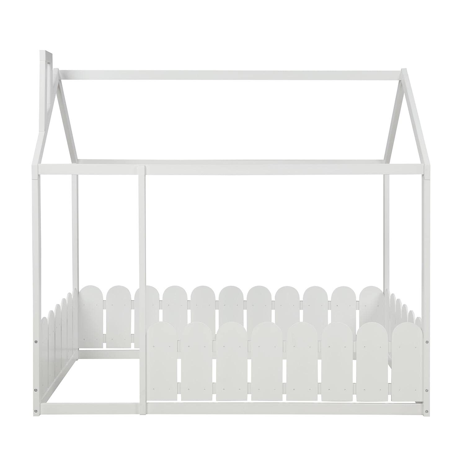 Twin Size House Bed Frame with Roof & Fence for Kids - White Wooden Canopy Bed (78.7