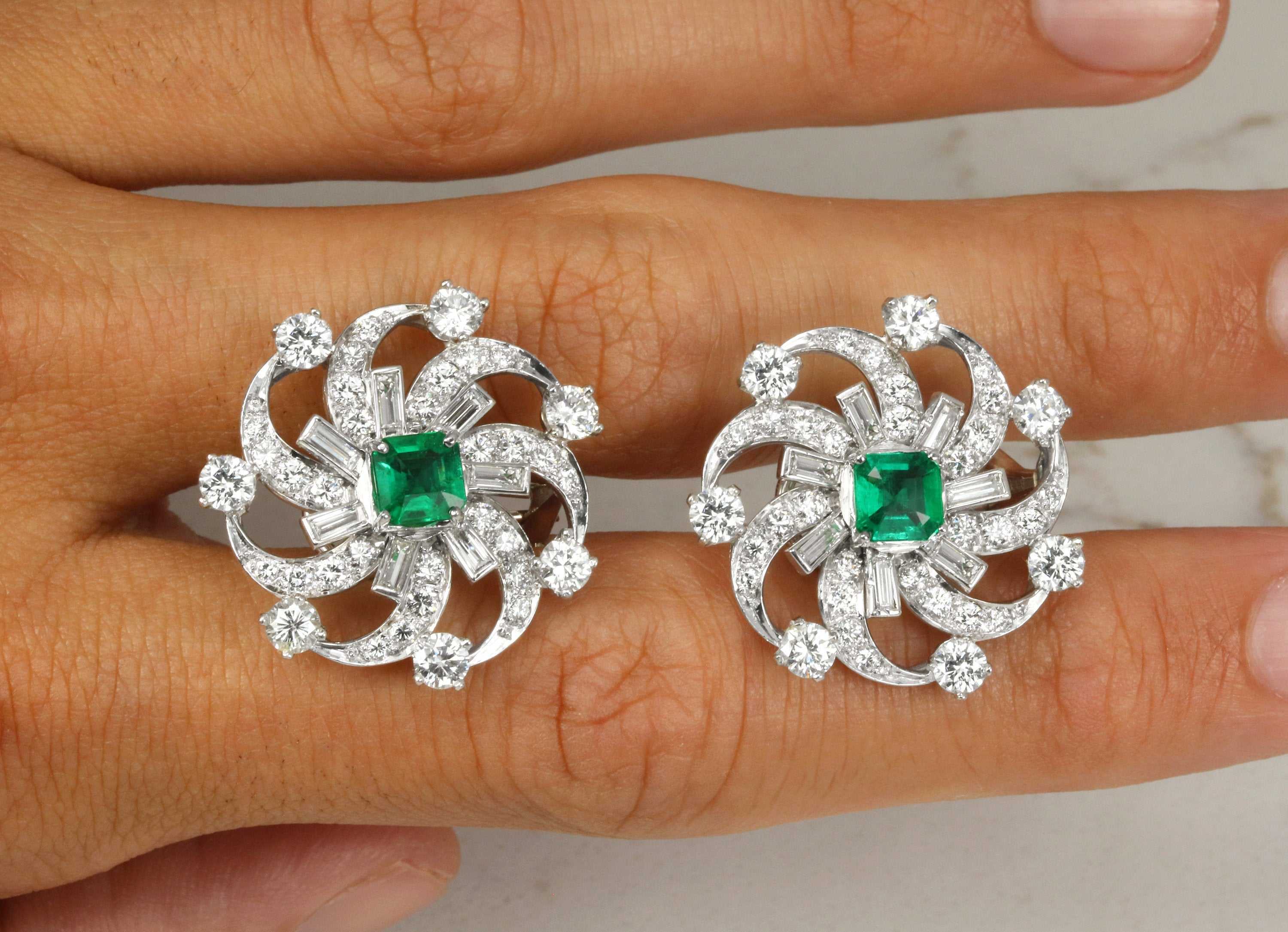 6.70tcw Platinum Fine Quality Emerald & Diamond Spiral Statement Earrings | Luxury Dangle Earrings for Women | Perfect for Weddings, Parties & Special Occasions
