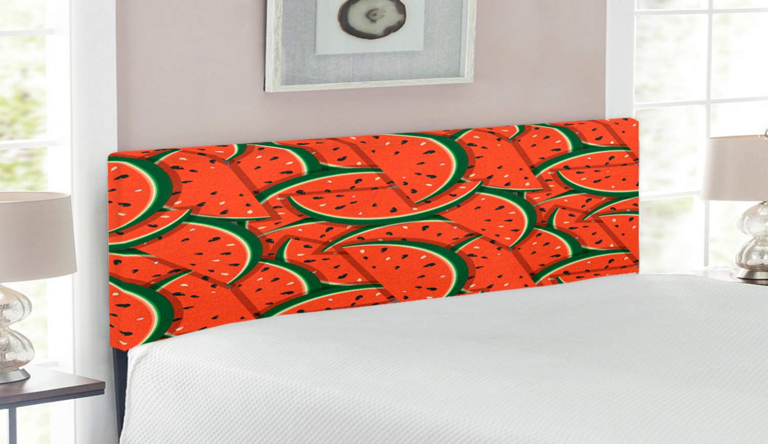 Ambesonne Fruits Headboard - Queen Size Upholstered Metal Bed Frame with Memory Foam, Refreshing Watermelon & Tropical Design in Red & Hunter Green | Perfect for Summer Bedroom Decor, Guest Rooms & Tropical Themed Interiors
