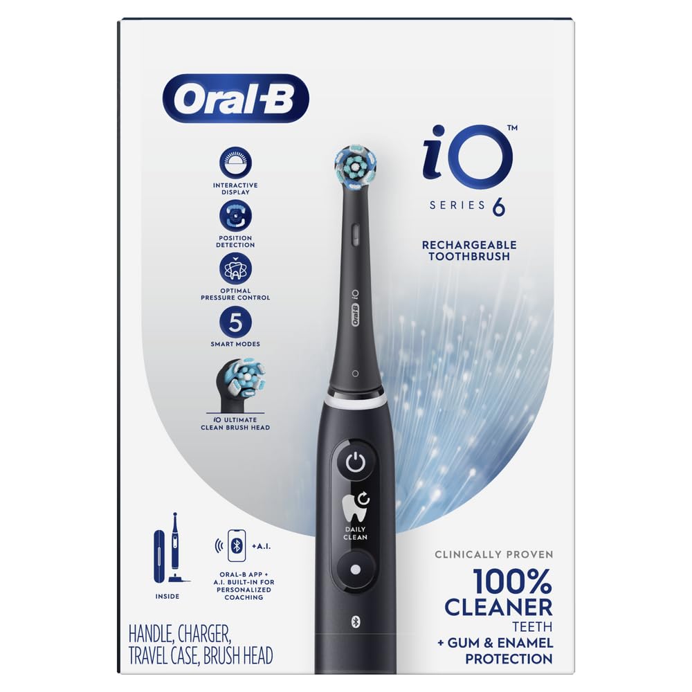 Oral-B iO Series 6 Electric Toothbrush - Smart Pressure Sensor, 5 Modes, 2-Min Timer, Travel Case Included - Gentle Gum Protection for Daily Oral Care at Home & Travel (Black)
