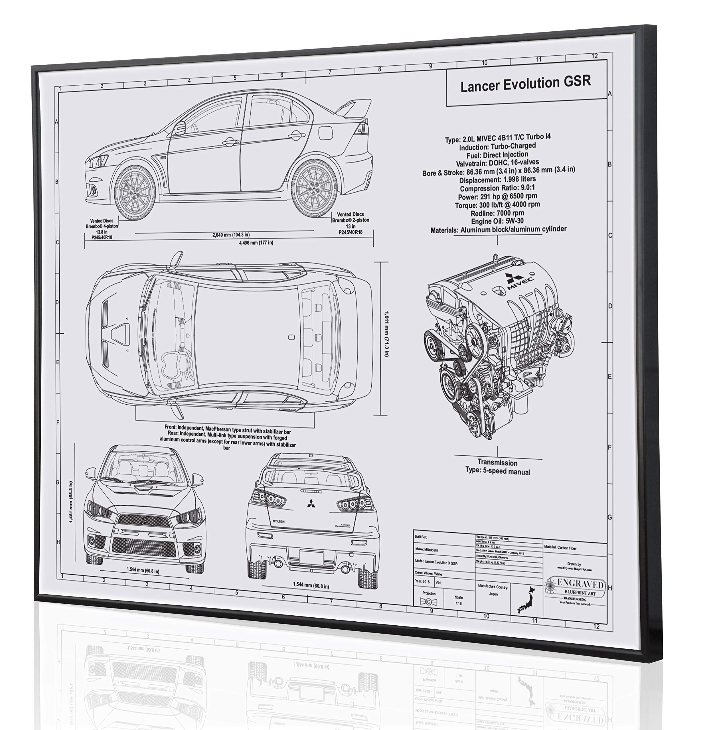 Mitsubishi Lancer Evolution X Blueprint Artwork - Laser Engraved Custom Car Decor - Perfect Gift for Mitsubishi Enthusiasts - Home Office Wall Art & Man Cave Decor