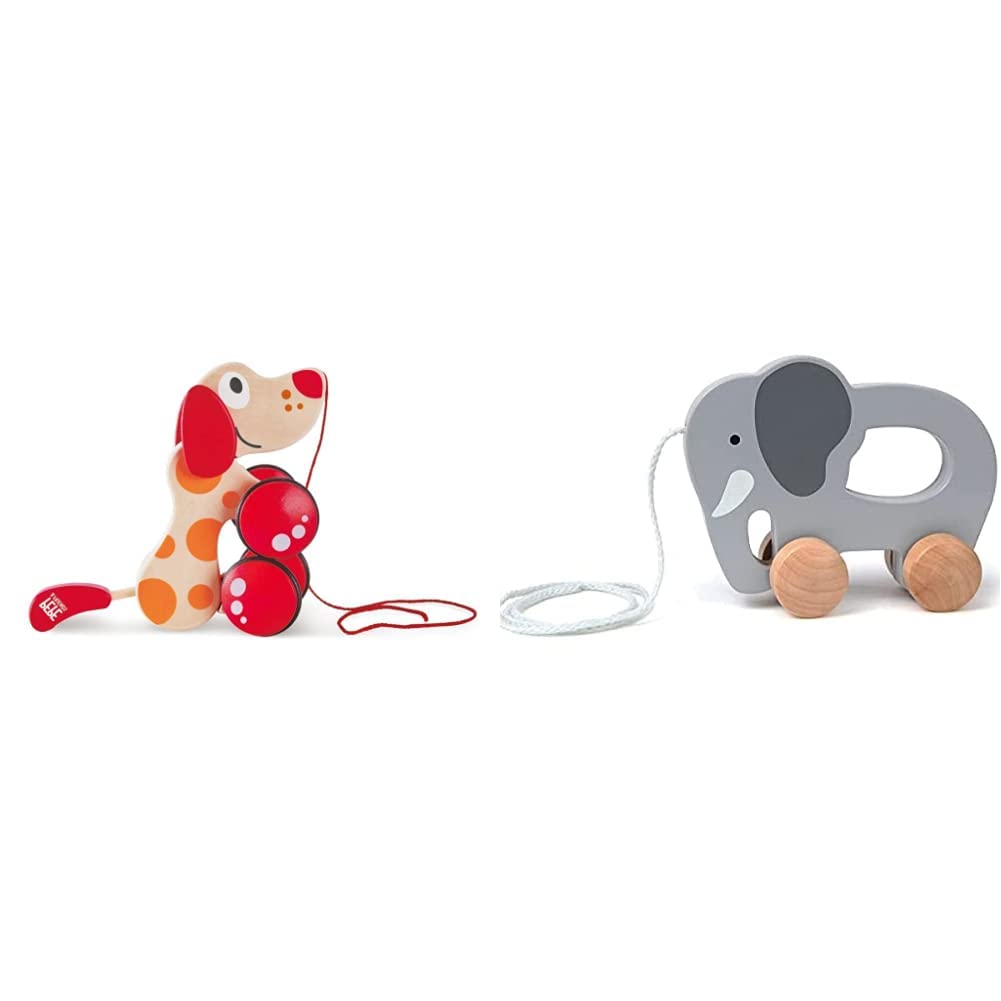 Hape Walk-A-Long Puppy Wooden Pull Toy - Award Winning Push Pull Toy for Toddlers, Red & Orange Dog with Elephant Companion (5.7x2.4x4.5 inches) - Perfect for Early Walking Development & Imaginative Play