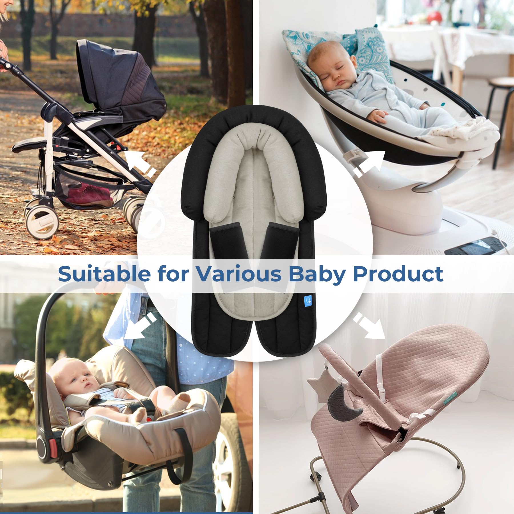 COOLBEBE Upgraded Baby Body Support & Strap Covers Set - Ultra Soft Breathable Car Seat Insert Cushion for Newborns & Toddlers | Perfect for Car Seats, Strollers, Swings & Baby Carriers | Black | Safe & Comfortable for Travel & Daily Use