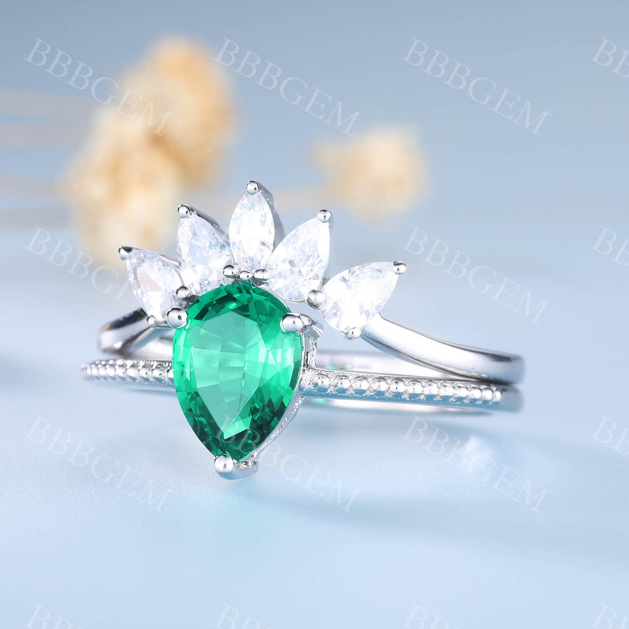 Pear Emerald Marquise Cut Cluster Ring - Handmade Stackable Band Jewelry for Women - Perfect for Weddings, Anniversaries & Everyday Elegance
