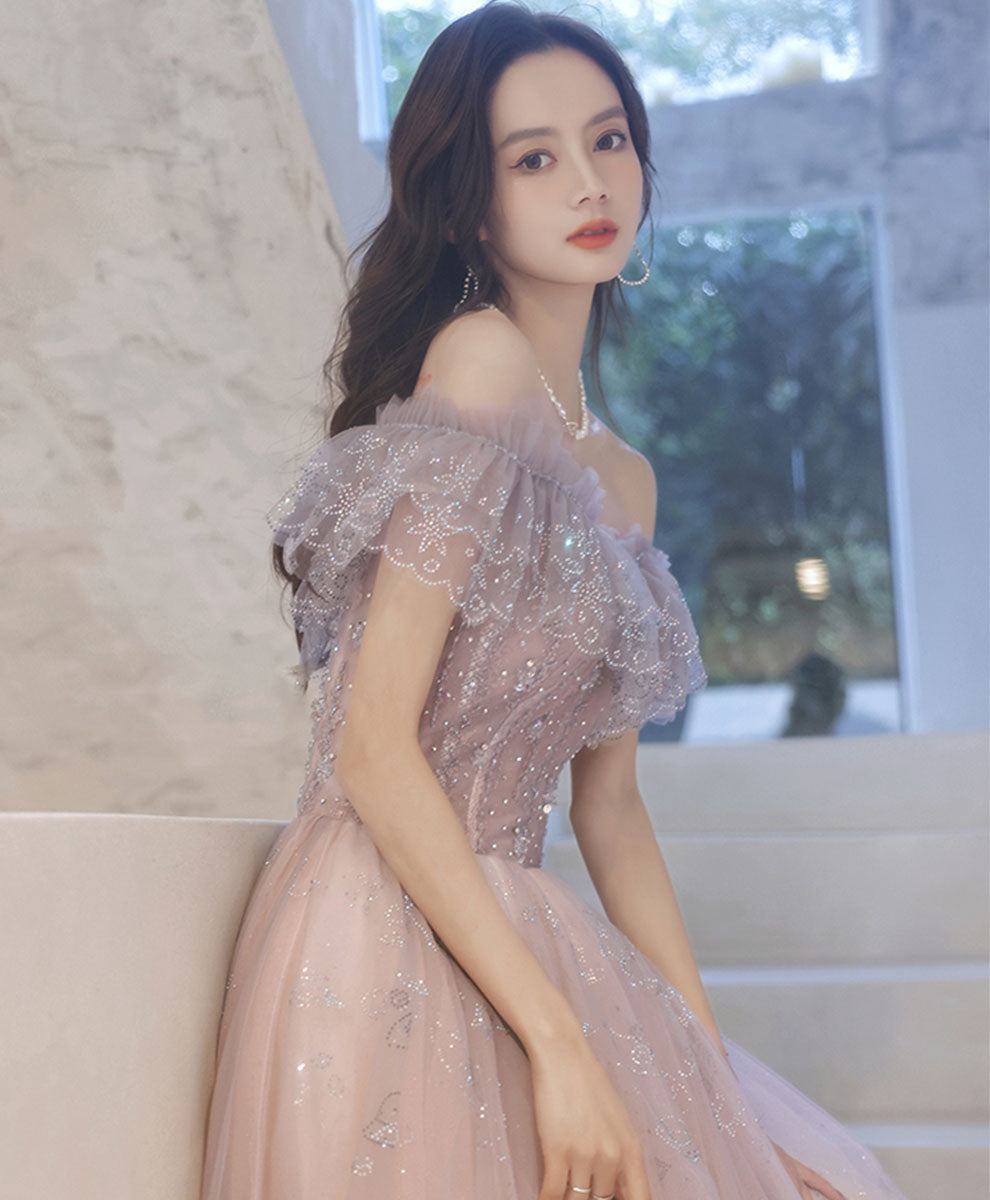 Elegant A-Line Tulle Lace Off-Shoulder Long Prom Dress for Formal Events - Perfect for Homecoming, Wedding Guest & Evening Gala