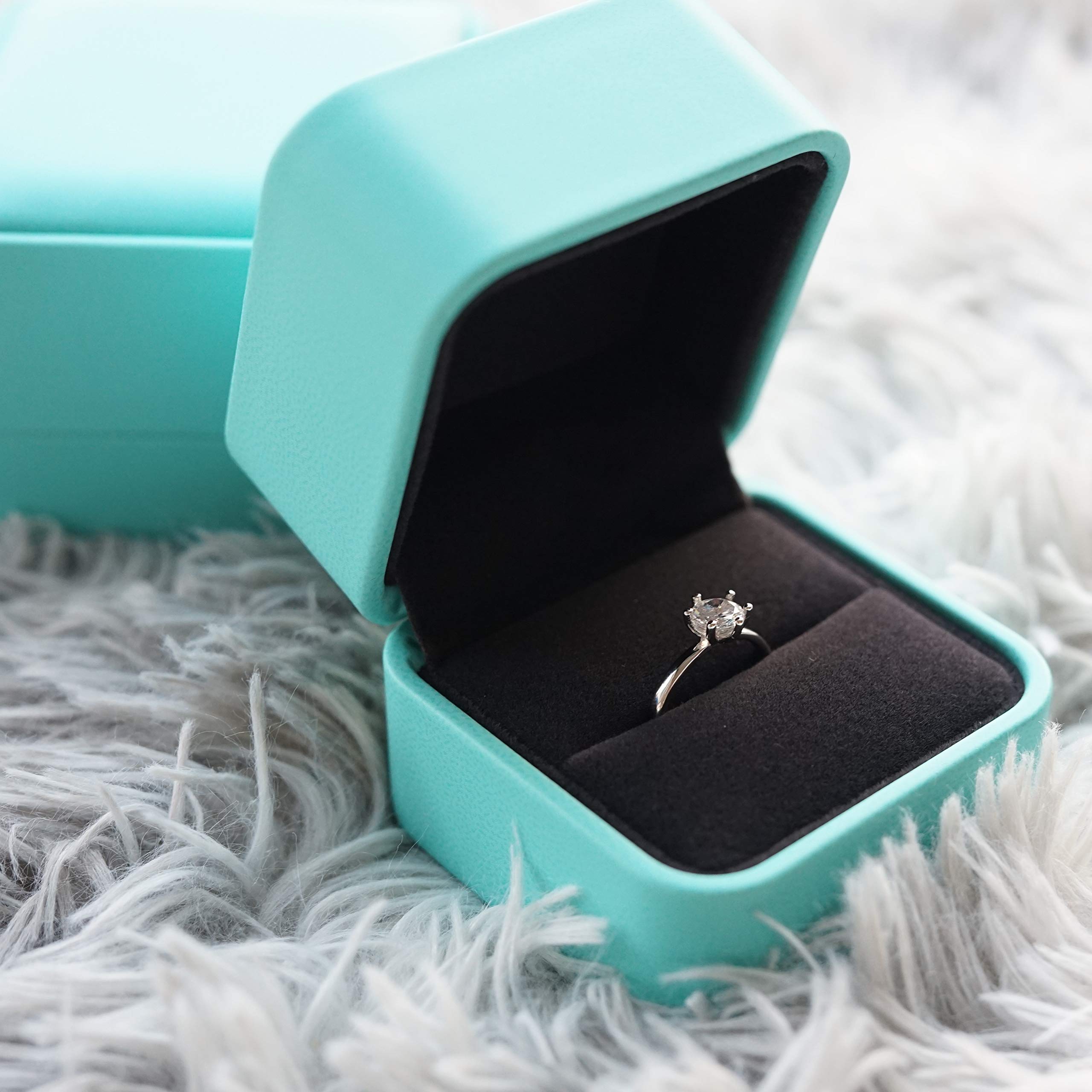 Premium PU Leather Ring Box with Velvet Lining - Elegant Jewelry Storage Case for Engagement, Wedding & Proposal Gifts - Perfect Ring Earrings Display Props for Jewelry Counters & Romantic Moments (Blue)