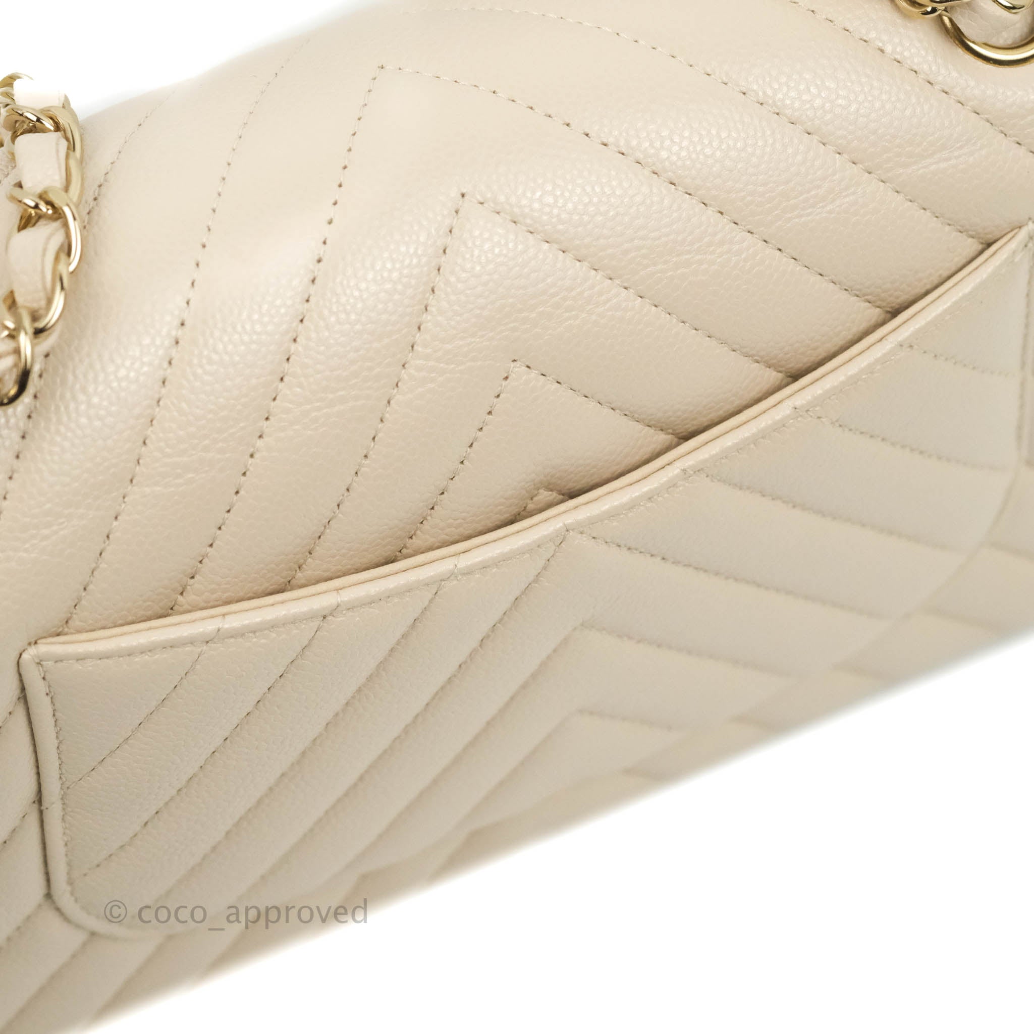 Chanel Classic M/L Medium Double Flap Chevron Ivory Caviar Gold Hardware Bag - Luxury Designer Handbag for Women, Perfect for Parties, Weddings & Everyday Elegance
