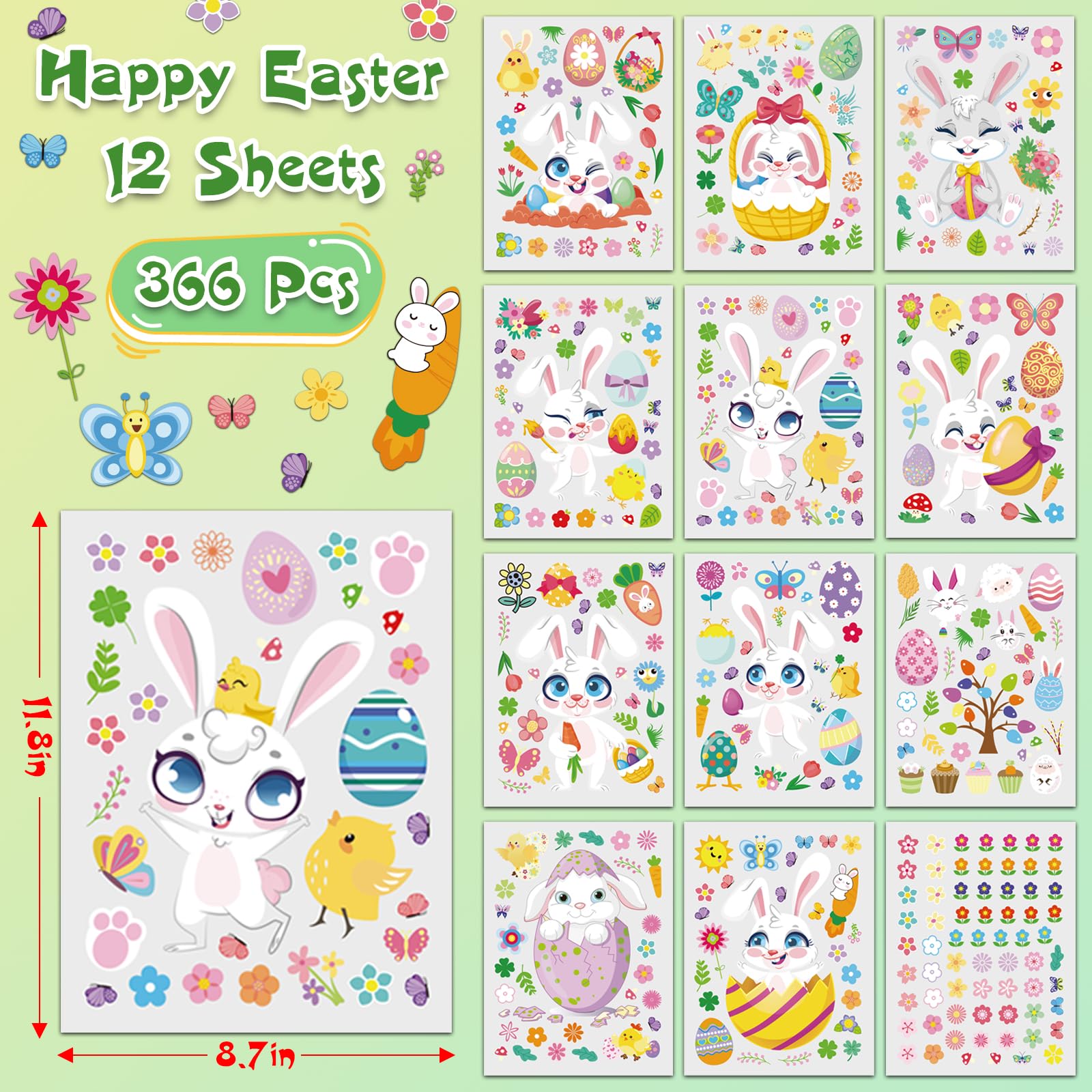 12 Sheets Easter Window Clings - 366 Reusable Double-Sided Static Window Stickers for Holiday Home Decor | Large 12x9 Inch Easter Decals for Glass Windows, Classroom, Office | Perfect for Spring Decorations, Easter Party, and Classroom Activities