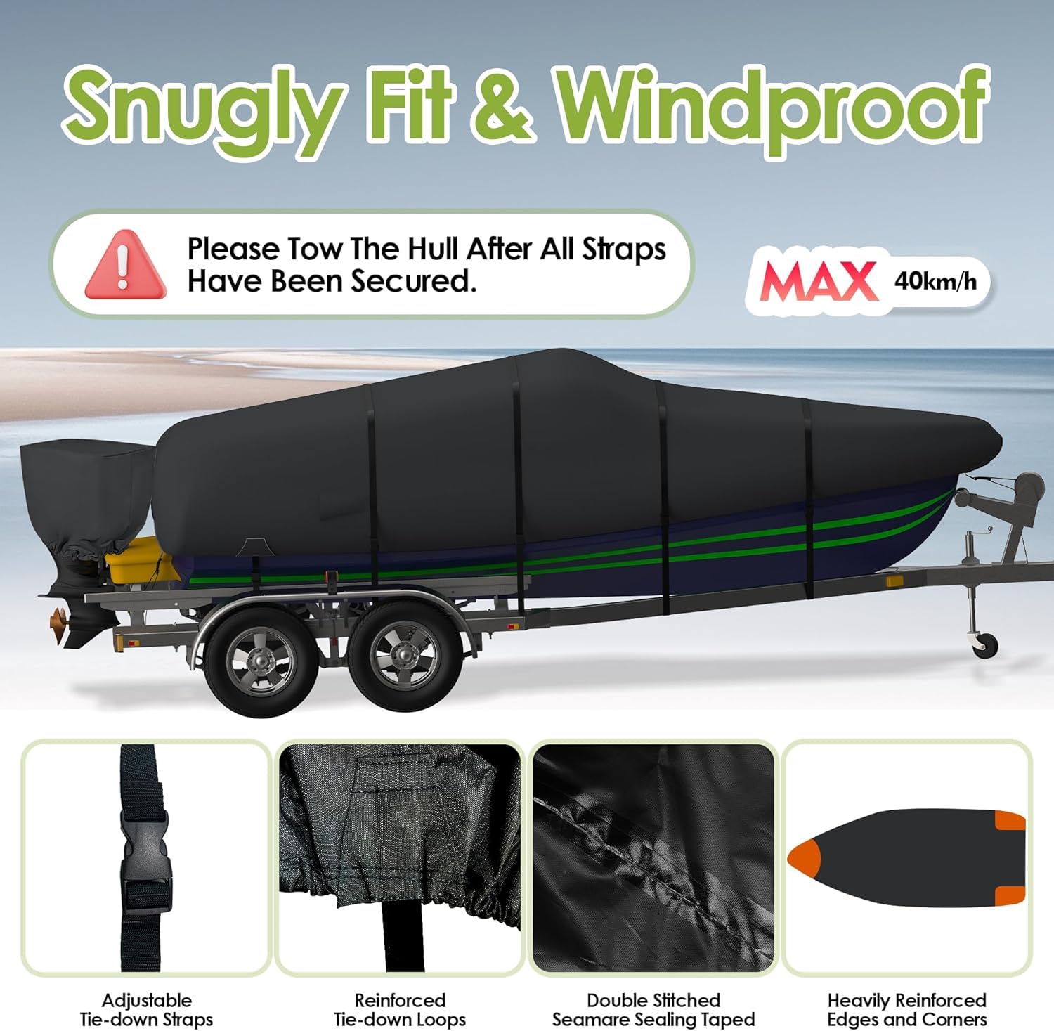 Heavy Duty 900D Waterproof Boat Cover 12-14 ft - UV Resistant for V-Hull, Tri-Hull, Runabout - Perfect for Outdoor Boat Storage