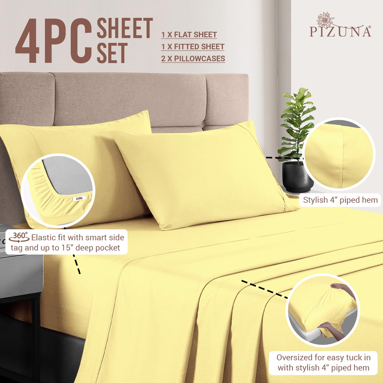Pizuna Pure 100% Cotton King Size Sheets - 400 Thread Count Luxury Long Staple Cotton Sateen Bedding Set with 15