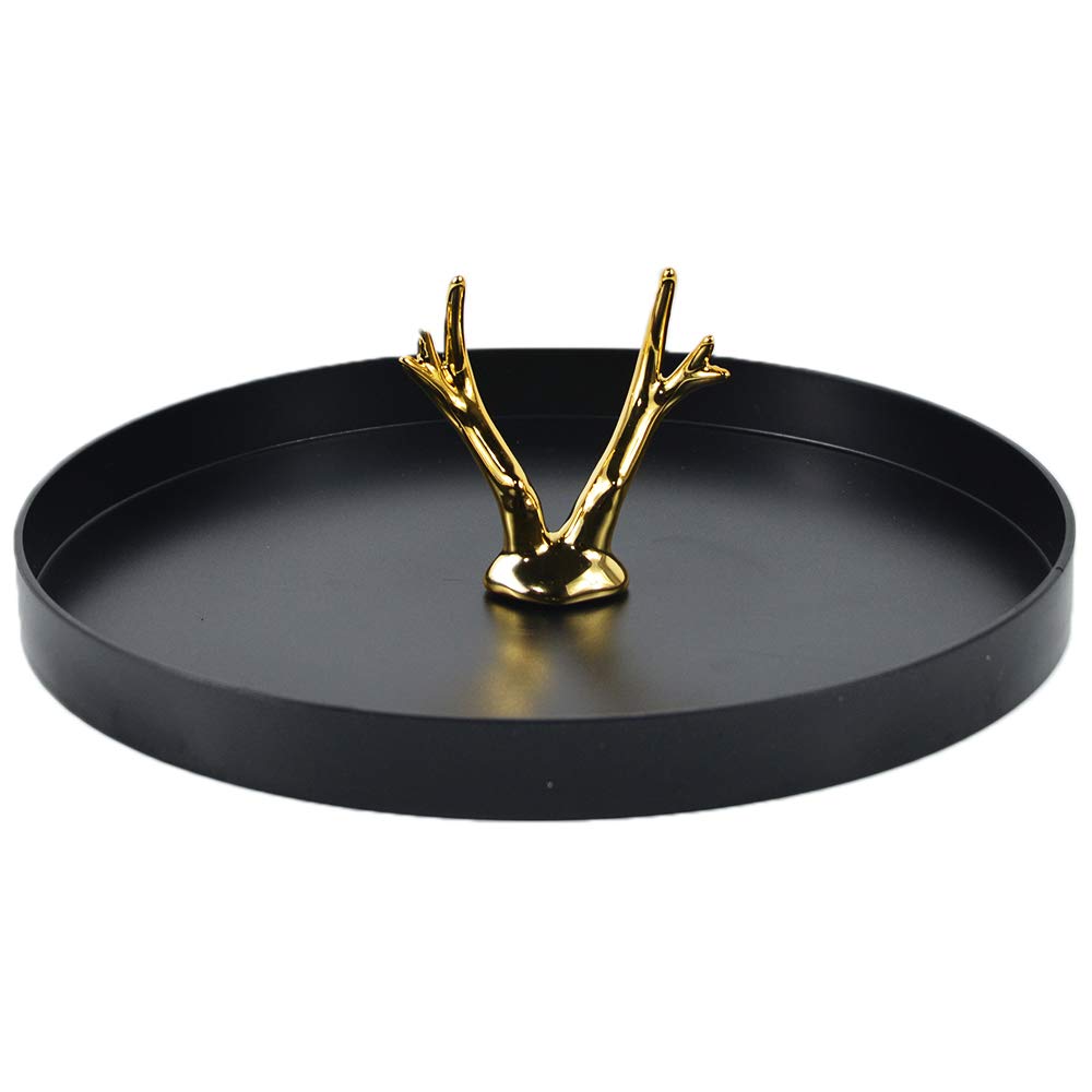 Golden Antler Round Decorative Tray - Perfect for Perfume, Jewelry, Keys & Accessories - Stylish Vanity, Desk & Home Decor Organizer - Ideal for Living Room, Bathroom, Office & Ottoman Storage - Elegant Candle Holder & Small Item Tray for Daily Use