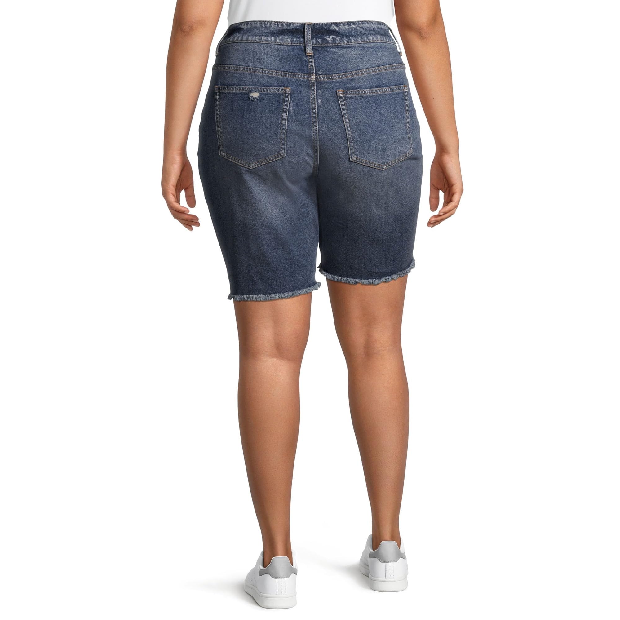 Layla Medium Wash Plus Size Frayed Hem Denim Bermuda Shorts for Women - Comfortable Stretch Denim Shorts for Casual Wear, Summer Outfits & Beach Vacations