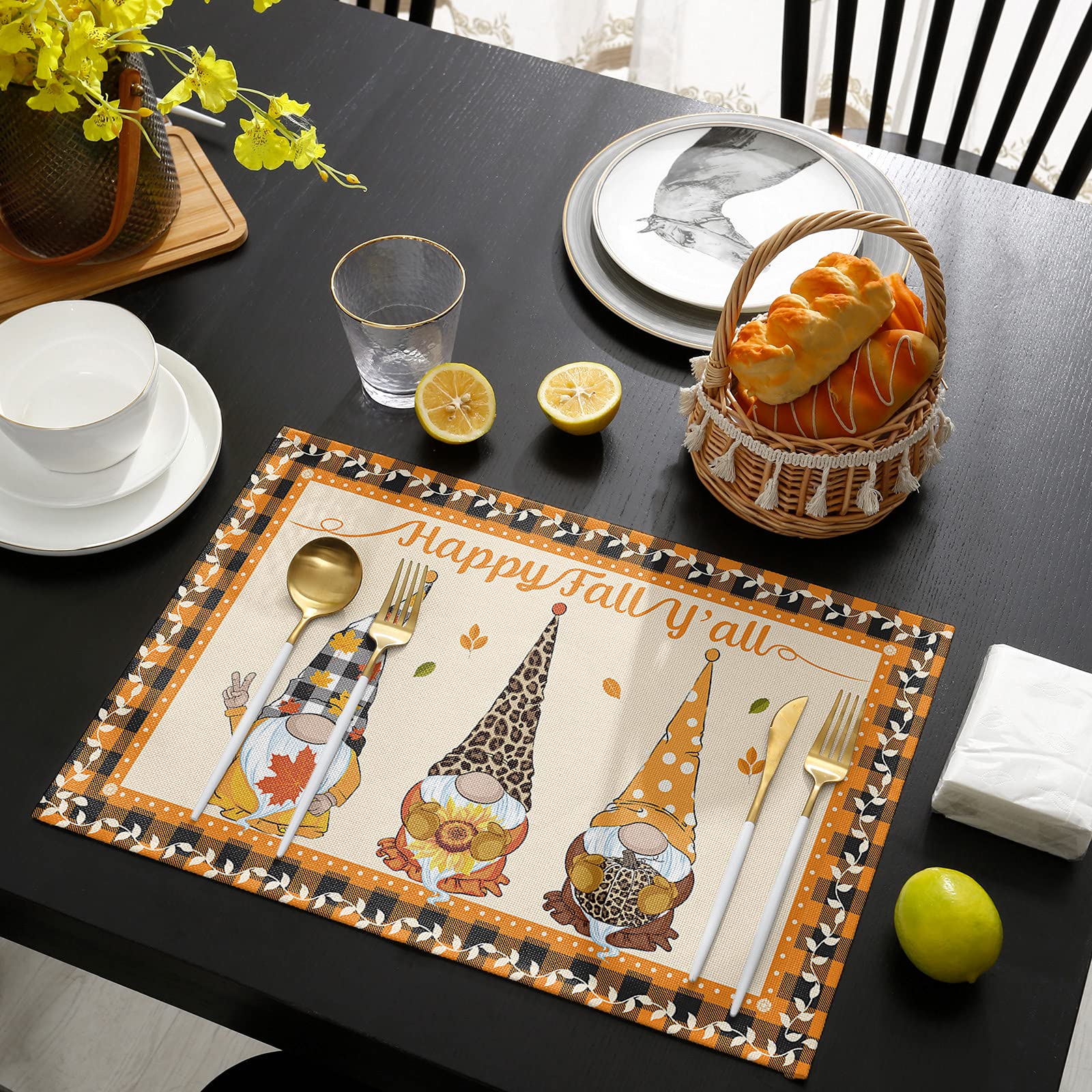 4-Pack Thanksgiving Gnome Placemats - Fall-Themed Washable Table Mats for Dining Table, Kitchen & Restaurant Decor | Christmas Party, Home Decor & Holiday Dining Accessories