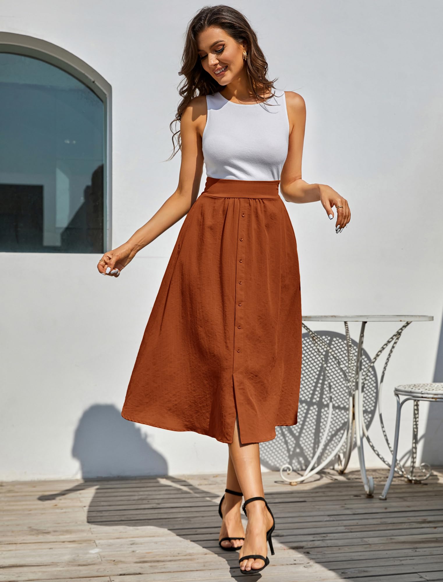 Kate Kasin Women's High Waist Vintage A-Line Pleated Midi Skirt with Pockets - Elastic Waistband, Button Front - Perfect for Office, Date Night & Casual Outings