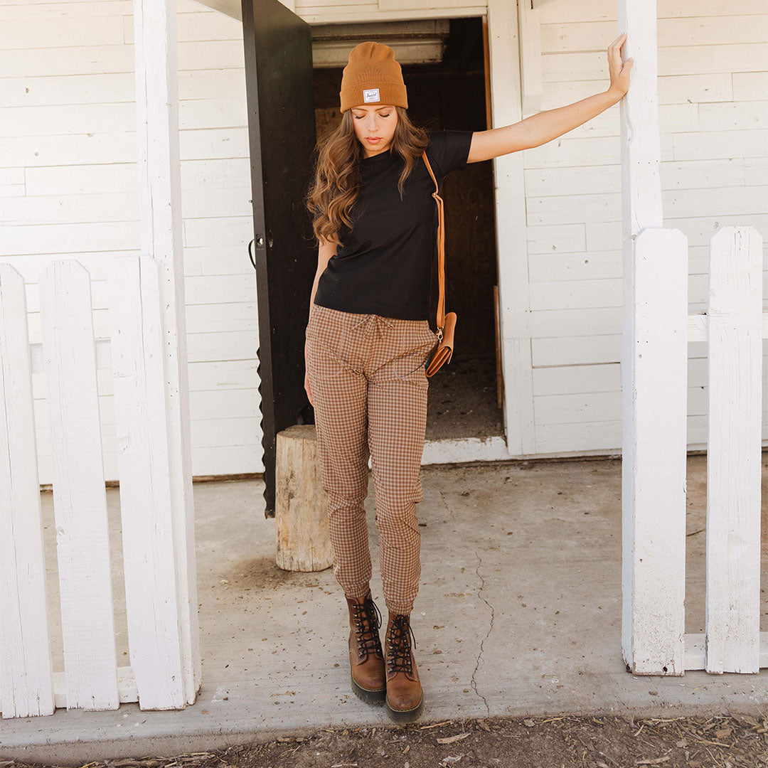 Cinnamon Check Jetsetters - Stylish and Comfortable Travel Outfit for Women | Perfect for Airports, Vacations, and Casual Wear