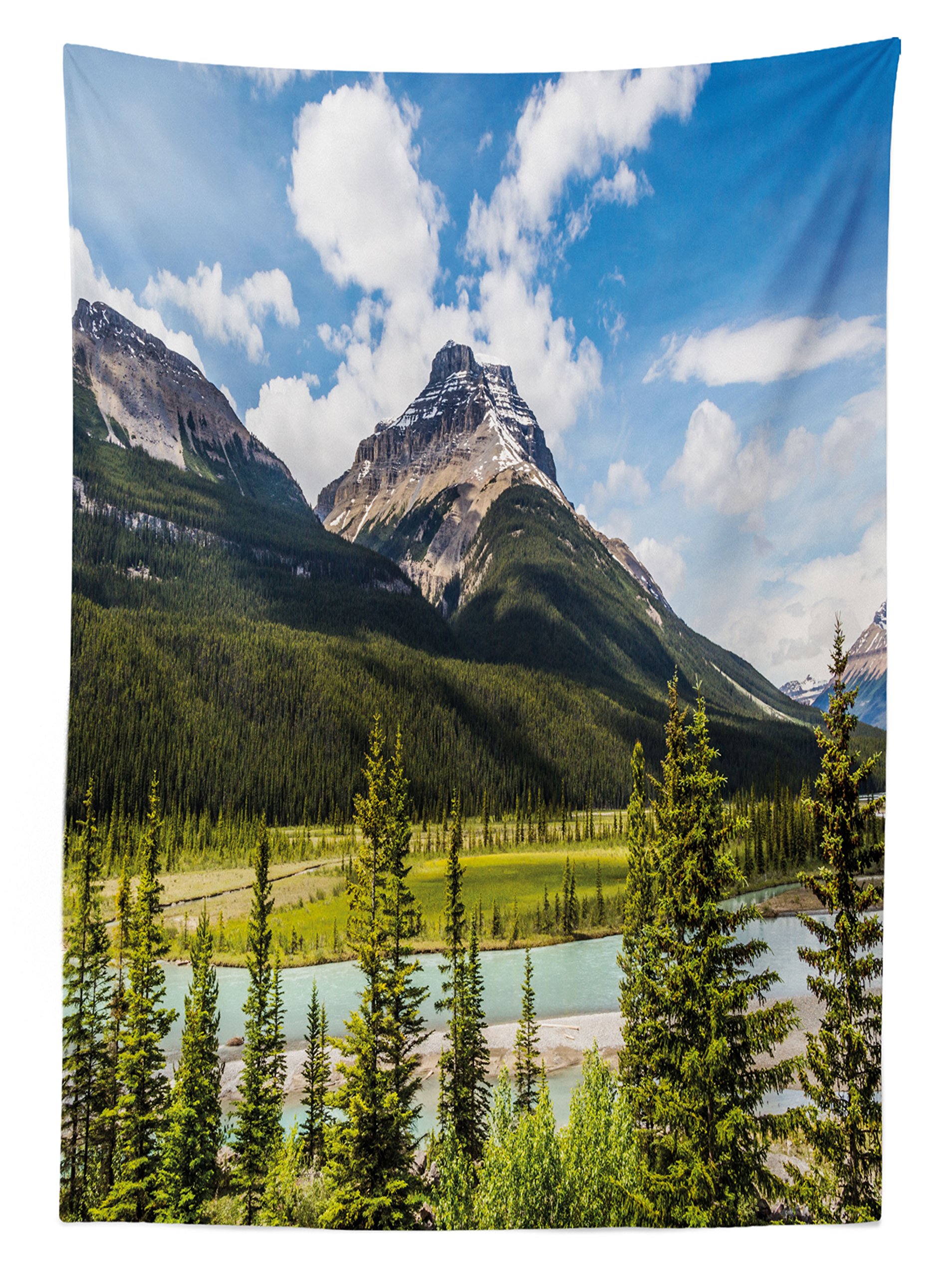 Ambesonne Waterproof Outdoor Tablecloth - Canadian Nature Cliffs & Mountain Ranges Spring Panorama Print - 58